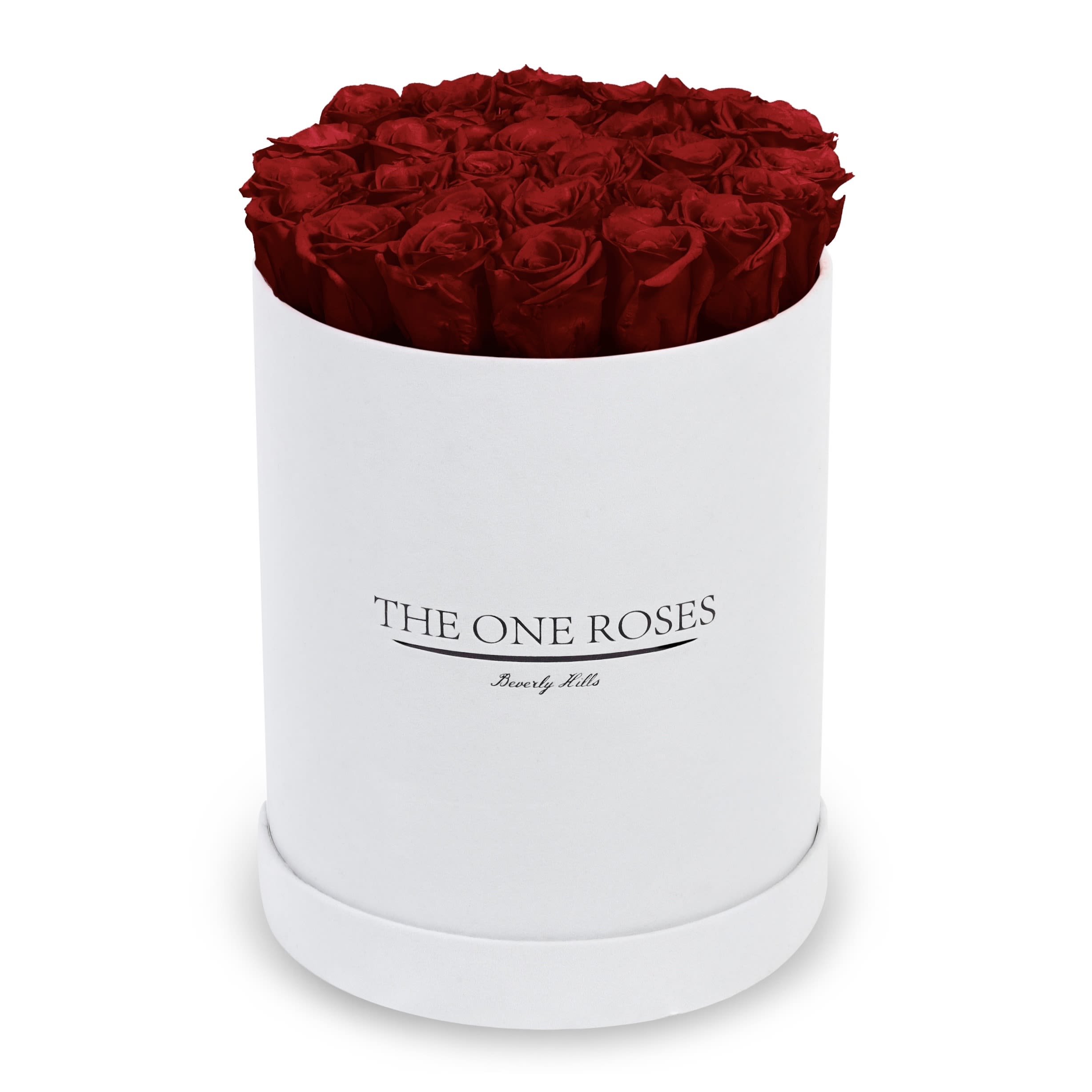 Suede Flat | Premium White Box Burgundy Red Suede Flat | Premium White Box Burgundy Red - The One Roses “Suede Collection“ consists of unique, real preserved roses in premium round handcrafted luxury white suede box with a top.  About 23-30 stems of The One long lasting (med size) real preserved roses.  THE ONE ROSES - Declaration of Love  Durability: approx. 1-3 years.