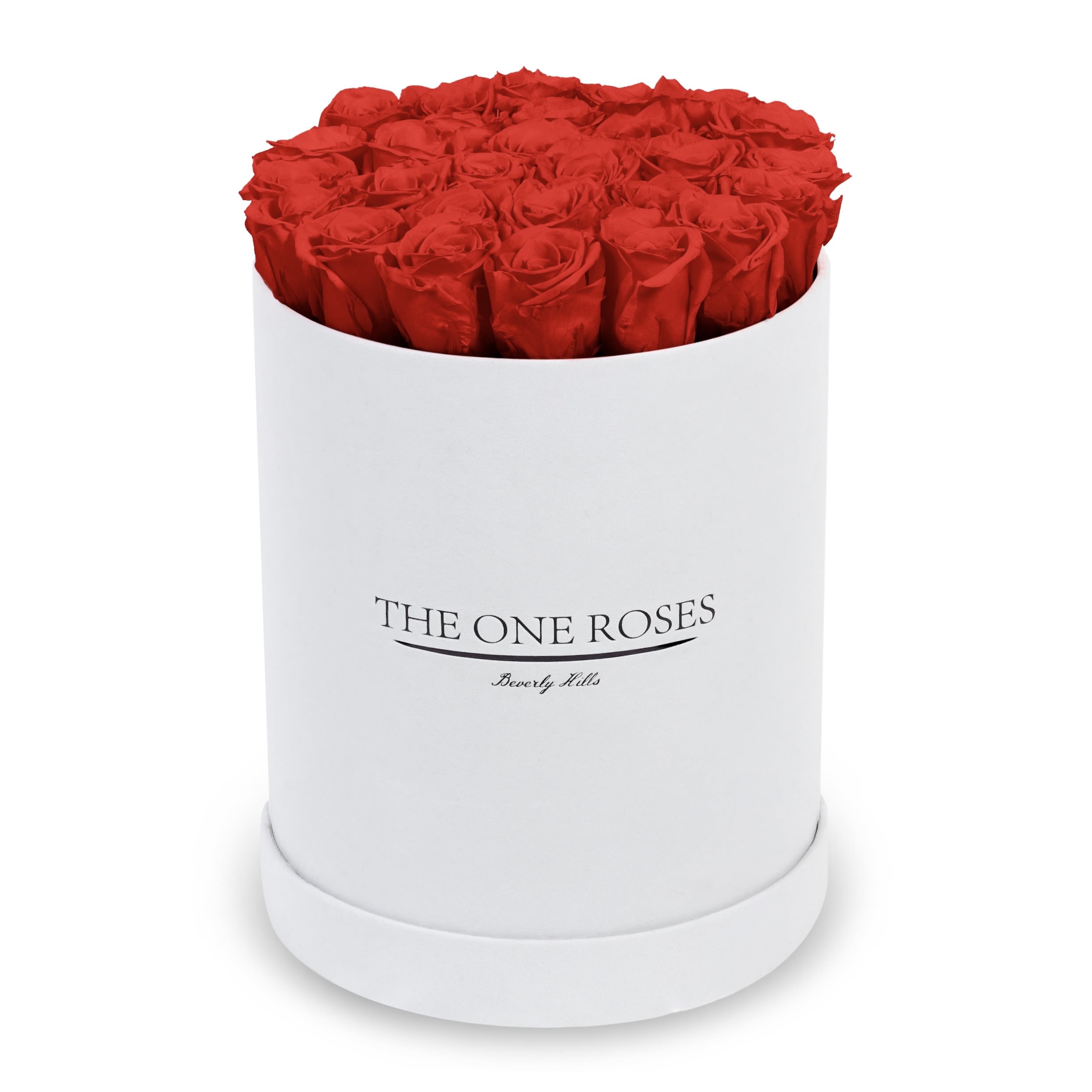 Suede Flat | Premium White Box Crimson Red Suede Flat | Premium White Box Crimson Red - The One Roses “Suede Collection“ consists of unique, real preserved roses in premium round handcrafted luxury white suede box with a top.  About 23-30 stems of The One long lasting (med size) real preserved roses.  THE ONE ROSES - Declaration of Love  Durability: approx. 1-3 years.