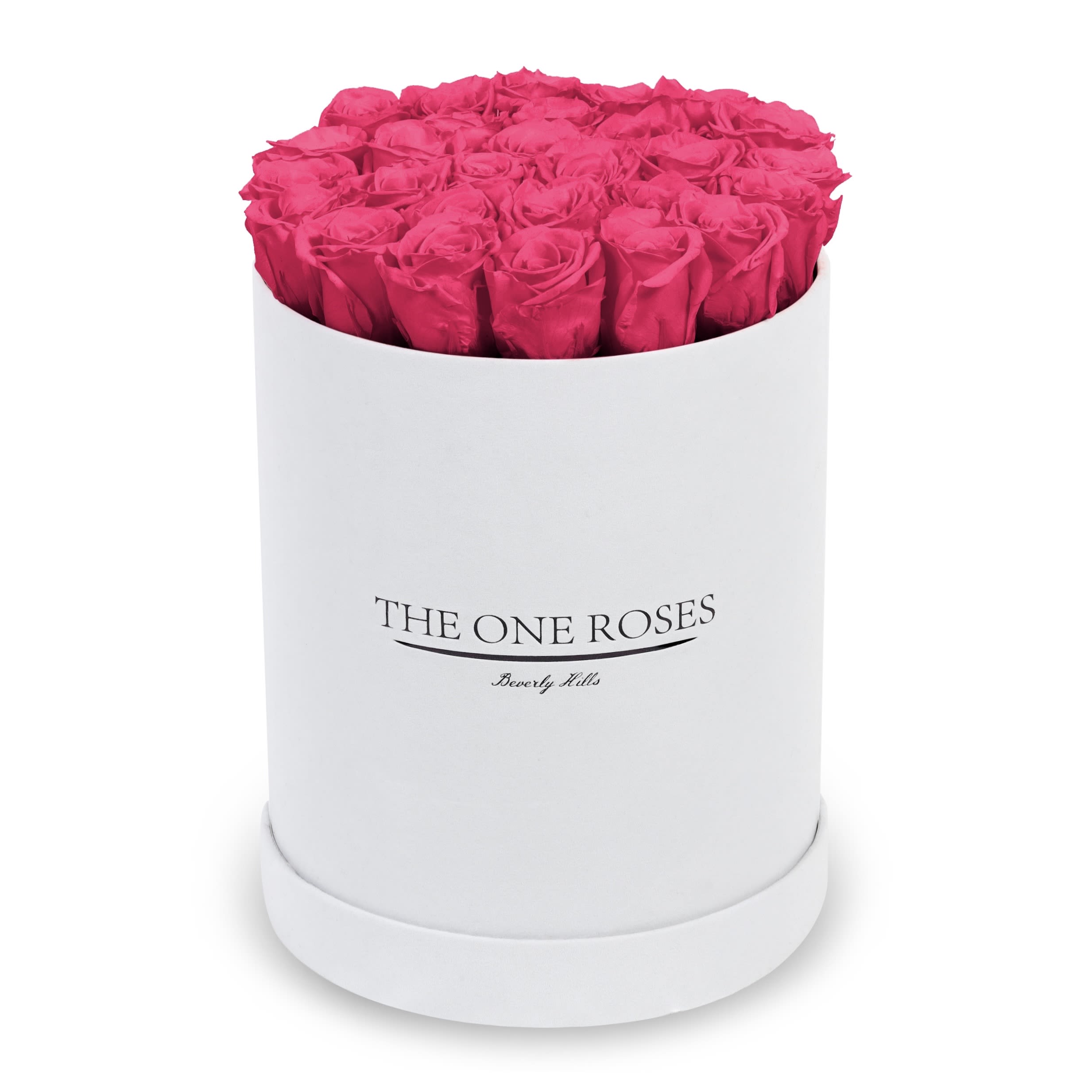Suede Flat | Premium White Box Hot Pink Suede Flat | Premium White Box Hot Pink - The One Roses “Suede Collection“ consists of unique, real preserved roses in premium round handcrafted luxury white suede box with a top.  About 23-30 stems of The One long lasting (med size) real preserved roses.  THE ONE ROSES - Declaration of Love  Durability: approx. 1-3 years.
