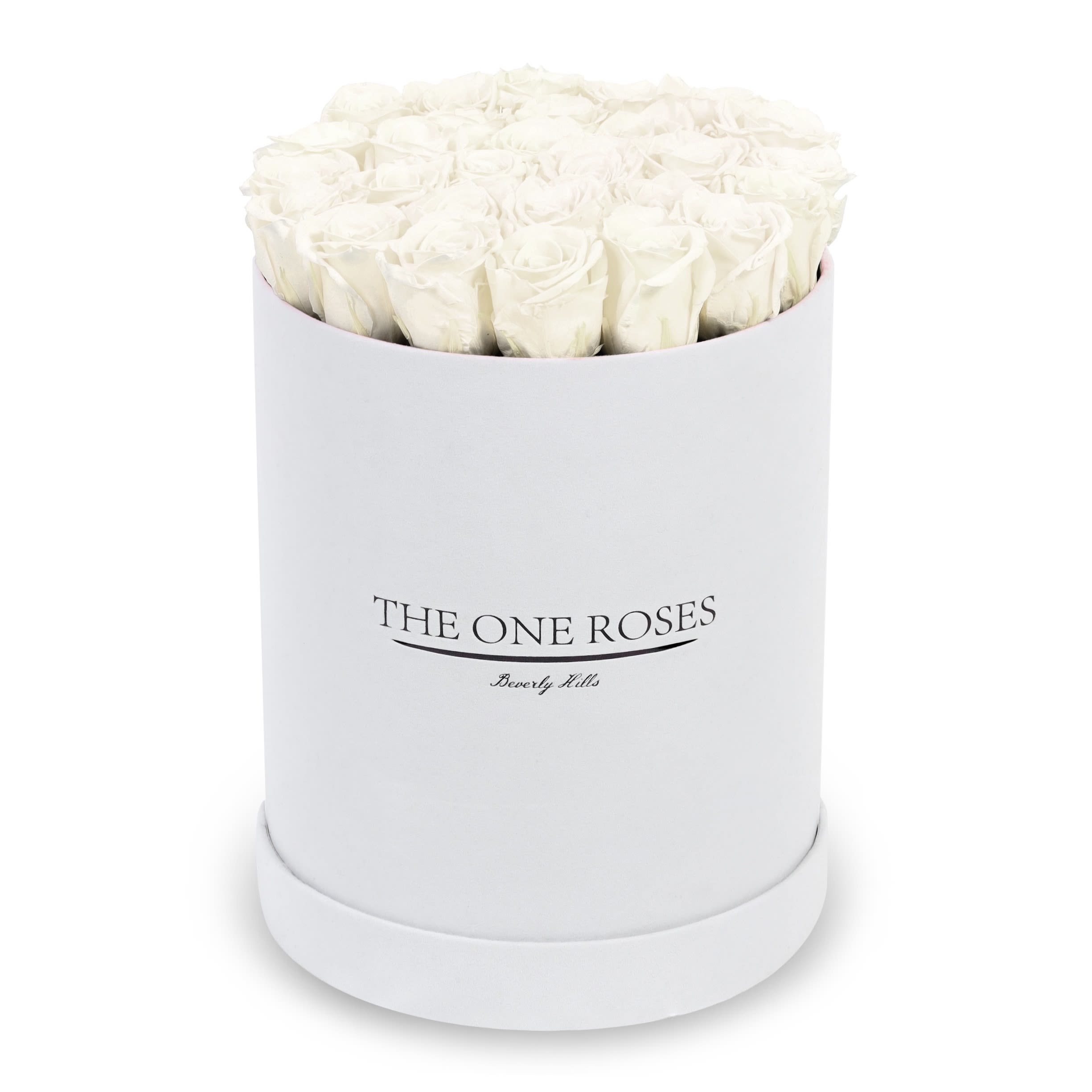 Suede Flat | Premium White Box Pearl White Suede Flat | Premium White Box Pearl White - The One Roses “Suede Collection“ consists of unique, real preserved roses in premium round handcrafted luxury white suede box with a top.  About 23-30 stems of The One long lasting (med size) real preserved roses.  THE ONE ROSES - Declaration of Love  Durability: approx. 1-3 years.