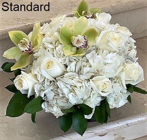 White Sweet Unique - White Roses with White Hydrangeas mixed with green Cymbidium Orchid flowers. Arranged Round in a glass square vase.  Deluxe version and has more flowers. Premium version has even more flowers. Photos shown are Standard and Premium version. Deluxe is in between both photos.