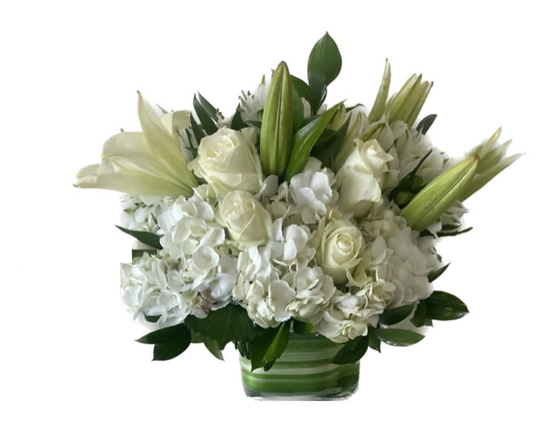 Isle of White Flowers - Arrangement of white Roses, Hydrangeas, Lilies and other flowers. Arranged in a compact square vase. Ideal for a centerpiece. Standard is photo as shown. Deluxe versions has more flowers.  Premium version has much more flowers with the same look and feel arranged in a larger vase. 