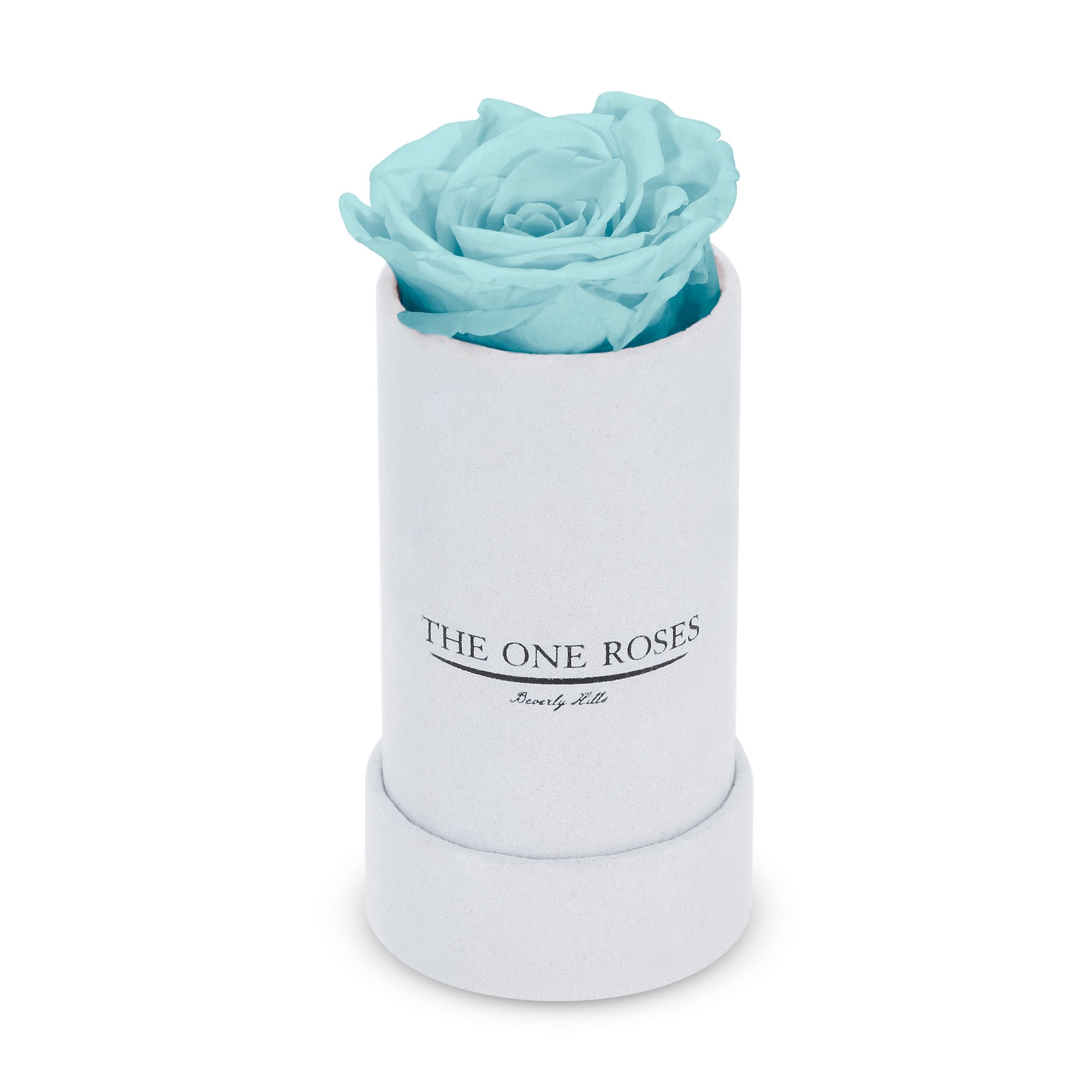 Suede Single | The One White Box Frozen Blue Rose Suede Single | The One White Box Frozen Blue Rose - Keep it simple with one single preserved rose that sits perfectly in its own suede box. Elegant in its solitude, this single rose will last for up to five years as a testament to your love. The perfect accessory to a beautiful ring when the moment is right for a proposal. Pick your rose color and order it today.   PRODUCT CARE Keep away from water and direct sunlight. Your roses feel comfortable in their box. Please do not remove them. We feel it is important to mention that all substances used in the preservation process are non-toxic, non-corrosive, non-carcinogenic. The solutions and colorants are the same as those used in food, and textile manufacturing, therefore, they do not represent any health or environmental risk.