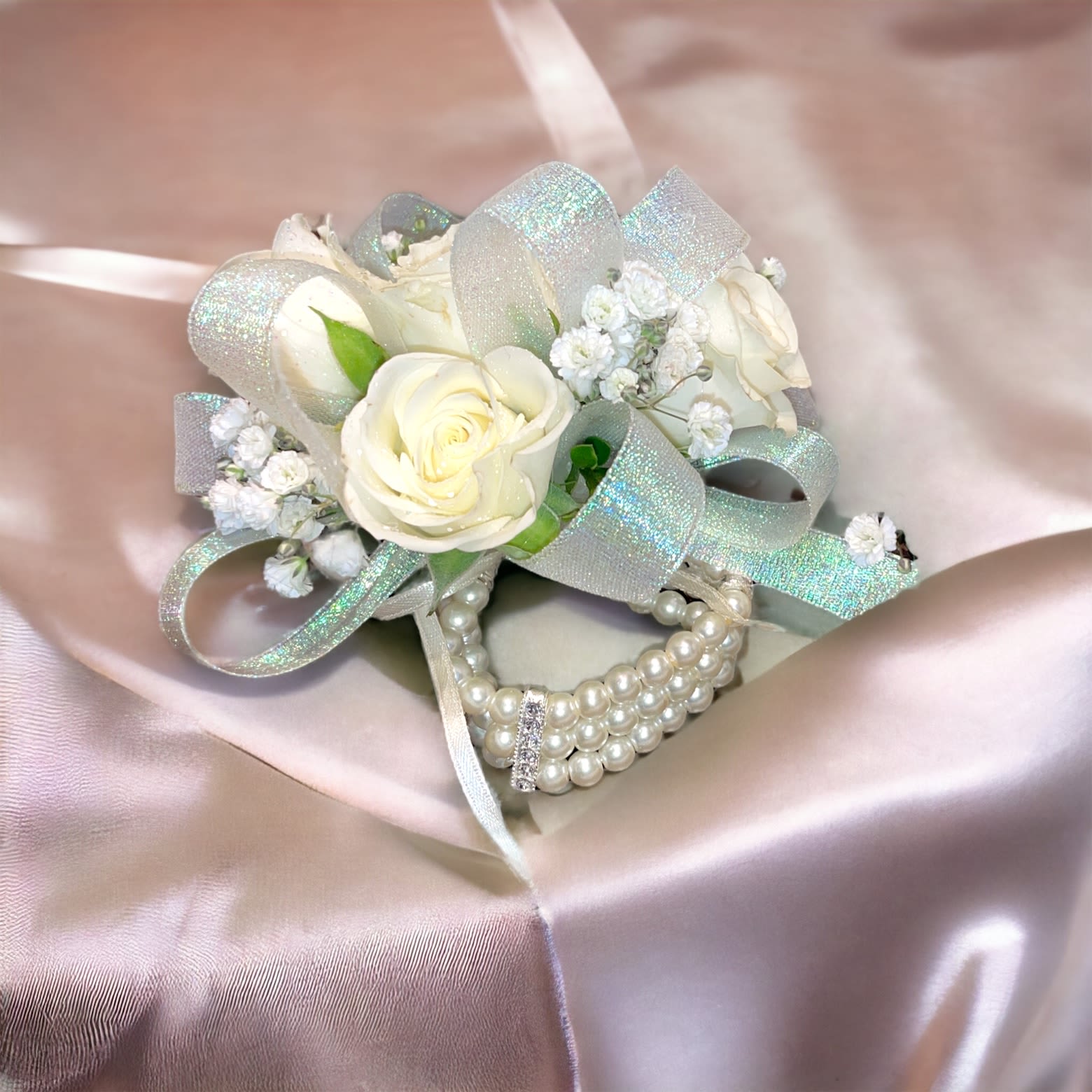 White Rose Corsage with Pearl & Stone Bracelet White Rose Corsage with Pearl & Stone Bracelet - Our florists hand-craft a gorgeous white rose corsage accented with fresh greens to make her look radiant. Comes with a pearl and stone bracelet.   Please note that your corsage will be similar and not identical, depending on availability, freshness, and seasonality. If certain florals or foliage are not available, we will replace with an item of equal or higher value.  If any design elements are of major importance to your order, please include them in the instructions at checkout or contact us at 714-343-2729 to ensure availability. Please order the corsage 24-48 hours before placing an order to insure we deliver in timely manner.