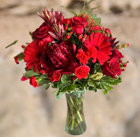 Elegant Red Theme - Carefully crafted arrangement of red and burgundy fresh flowers.&nbsp;