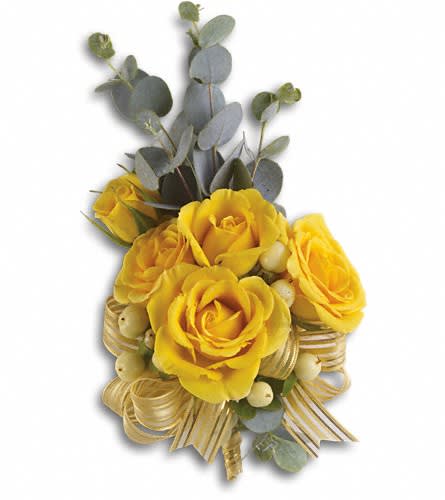 Sunswept Corsage - Sunny yellow roses mirror your happiness. Yellow spray rosesd and hypericum with parvifolia eucalyptus.Approximately 4&quot; W x 6 3/4&quot; H Orientation: N/A As Shown : T201-7A