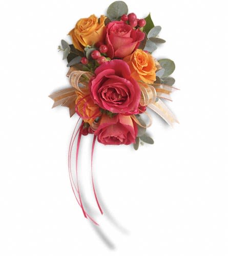 Sunset Beauty Wristlet - Warm orange and pink roses evoke the splendor of sunset. Hot pink and orange spray roses mingle with red hypericum and accents of Israeli ruscus and eucalyptus.Approximately 5&quot; W x 7 1/2&quot; H Orientation: N/A As Shown : T201-2A