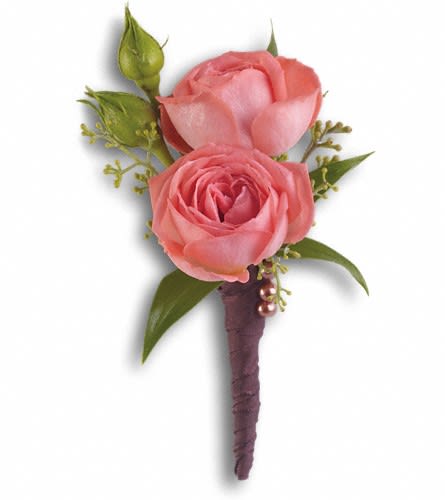 Rose Simplicity Boutonniere - A single coral rose is elegant and understated. Coral roses seeded eucalyptus and Italian ruscus bundled in a brown satin ribbon.Approximately 3&quot; W x 5&quot; H Orientation: N/A As Shown : T202-6A