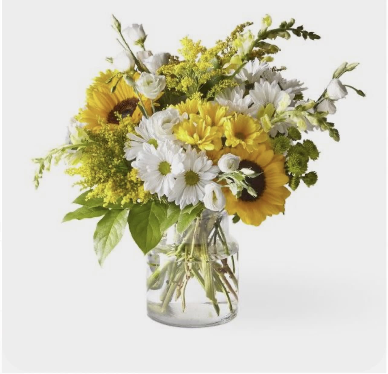 Sunny thoughts Sunny thoughts - A pretty mix of sunflowers and white daisies with greenery.