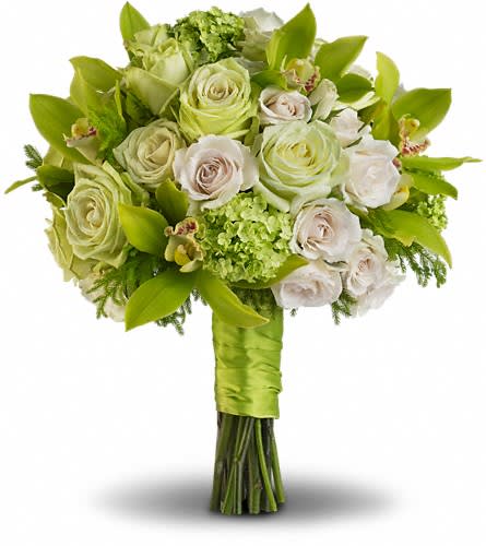 Luscious Love Bouquet - As delightful as a crisp green apple this beautiful bouquet of green cymbidium orchids viburnum and roses is one to remember. Green cymbidium orchids and viburnum with white and green roses accented with lycopodium.Approximately 12&quot; W x 13 3/4&quot; H Orientation: N/A As Shown : DGT195-1A