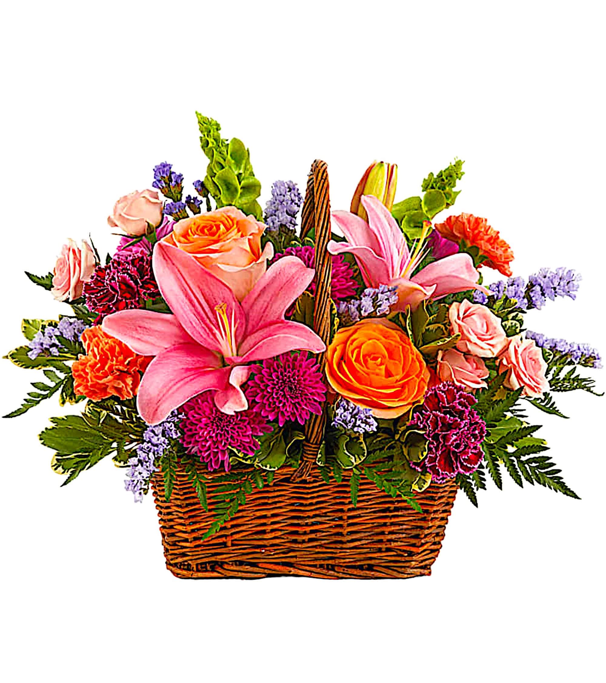 Blooming Joy - Like an island sunrise, this basket of orange and pink blooms is a glowing reminder of life's greatest joys.  DETAILS This arrangement features orange roses, light pink spray roses, pink Asiatic lilies, burgundy carnations, orange carnations, bells of Ireland, purple cushion spray chrysanthemums, statice, variegated pittosporum and leatherleaf fern.   BASKET INCLUDED Orientation: One-Sided Item #NF-972  FLORIST-TO-DOOR Same day flower delivery on most orders placed online by 12 pm or 10 am on weekends PST.  BLOOM DETAILS Roses Spray-Roses Cushion-Mums Carnations Asiatic Lilies Bells of Ireland Statice Greenery  The Standard Arrangement is approx. 14&quot; H x 18&quot; W. The Deluxe Arrangement is approx. 14&quot; H x 18 1/4&quot; W. The Premium Arrangement is approx. 14&quot; H x 18 1/4&quot; W.  How to place an order?  1. You can place an order directly on this secure website. OR 2. You can call in your order by dialing: (323) 262 - 9238. OR 3. You can visit our store (appointment recommended 323.262.9238)  NINFA'S FLOWERS 2405 WHITTIER BLVD. LOS ANGELES, CA. 90023  ATTENTION: *Please note that on busy holidays, Valentine's Day, and Mother's Day, we cannot verify if the recipient received the flowers until the following day. You can verify delivery on the website after 10:00 pm, call 323.262.9238 the following day after 10:00 am, or contact the recipient directly. Thank you for your patience and understanding.