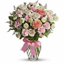 Cotton Candy Cotton Candy - What a sweet way to celebrate the arrival of sugar and spice and everything nice! This pretty arrangement will delight any new mom or mom-to-be, that's for sure! Feminine flowers fill a charming ribbon-wrapped vase. It's a beautiful thing!