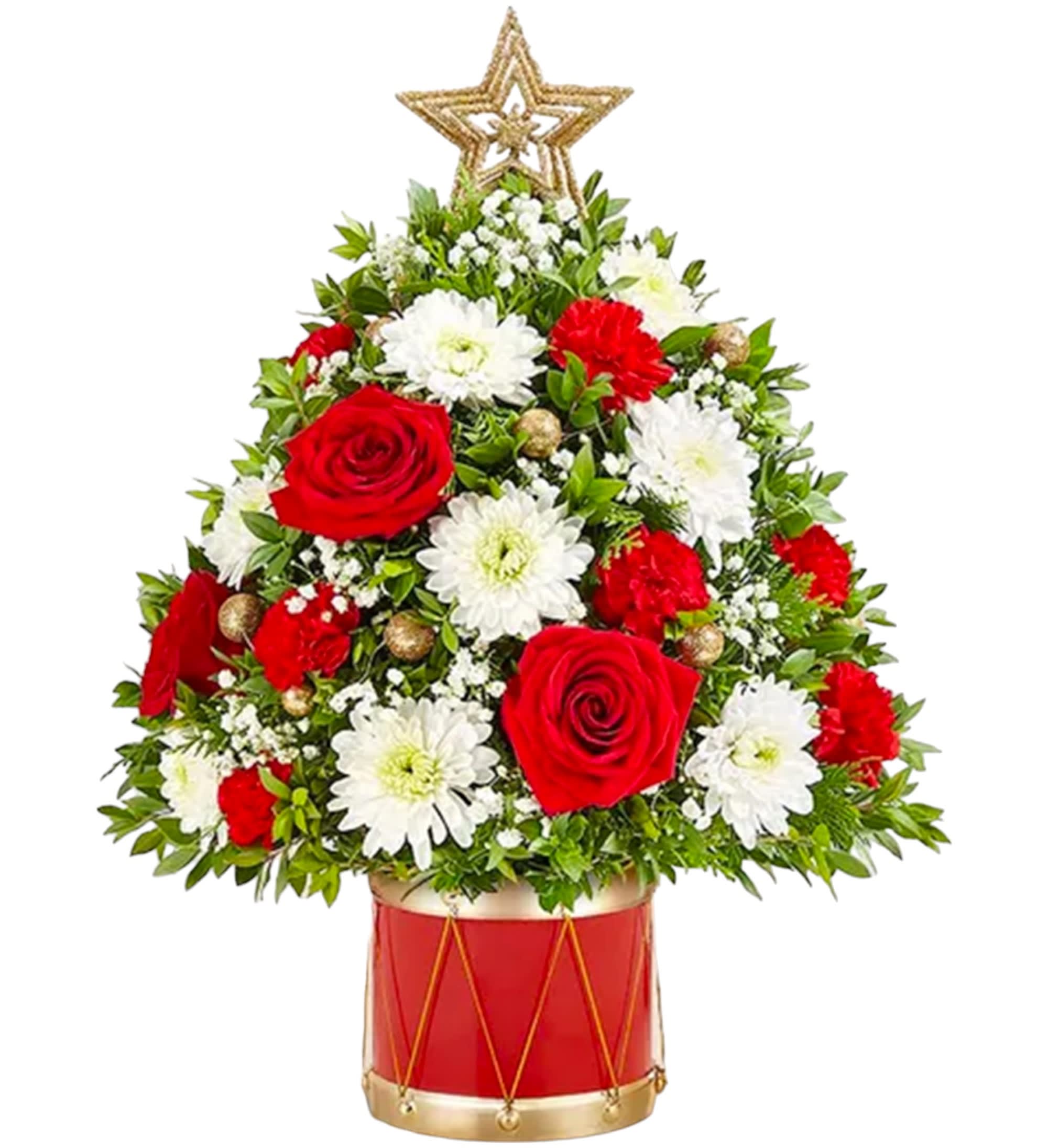 Holiday Flower Tree Arrangement Luxury - Little Drummer - The joy of gift-giving comes alive in the latest edition of our iconic Holiday Flower Tree. We’ve trimmed it with festive blooms, glittery gold ornaments and a star on top. It’s a gift that delivers the magic of the season.  DETAILS Tree-shaped arrangement with red roses and mini carnations, white cushion poms; accented with baby’s breath and assorted Christmas greenery Features gold glittered ornaments and gold glittered star ornament keepsake topper.  CONTAINER INCLUDED Orientation: All-Around Item #NF-216  FLORIST-TO-DOOR Same day flower delivery on most orders placed online by 12 pm or 10 am on weekends PST.  BLOOM DETAILS Roses Mini-Carnations Cushion-Mums Baby's Breath Filler Greenery  The Standard Arrangement is approximately 20&quot;H x 14&quot;W. The Deluxe Arrangement is approximately 21&quot;H x 15&quot;W.  How to place an order? 1. You can place an order directly on this secure website OR 2. You can call in your order by dialing: (323) 262 - 9238 OR 3. You can visit our store (appointment recommended 323.262.9238)  NINFA'S FLOWERS 2405 WHITTIER BLVD. LOS ANGELES, CA. 90023  ATTENTION: *Please note that on busy holidays, Valentine's Day, and Mother's Day, we cannot verify if the recipient received the flowers until the following day. You can verify delivery on the website after 10:00 pm, call 323.262.9238 the following day after 10:00 am, or contact the recipient directly. Thank you for your patience and understanding.