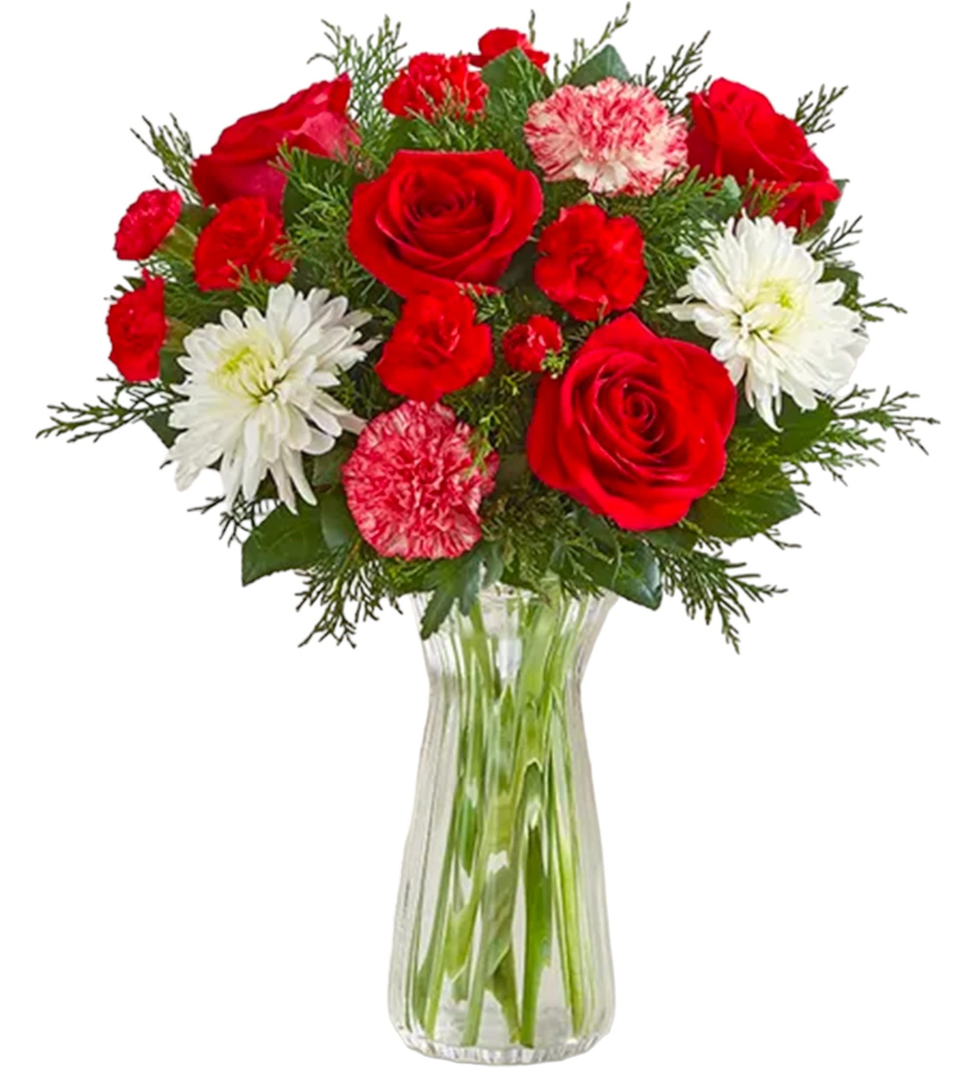 Festive Holiday Arrangement - Give the gift of joy with our festive mix of blooms. This red and white arrangement delivers a warm holiday feel, while adding a beautiful touch to any gathering.  DETAILS Red roses and mini carnations, peppermint carnations and white mums; accented with assorted Christmas greenery.  VASE INCLUDED Orientation: All-Around Item #NF-218  FLORIST-TO-DOOR Same day flower delivery on most orders placed online by 12 pm or 10 am on weekends PST.  BLOOM DETAILS Roses Mums Carnations Mini-Carnations Greenery  The Standard Arrangement is approx. 10&quot;W x 15&quot; H. (5 ROSES, 3 CARNATIONS, 10 MINI-CARNATION BLOOMS, 3 WHITE-MUMS) The Deluxe Arrangement is approx. 15&quot; W x 16&quot; H. (10 ROSES, 6 CARNATIONS, 15 MINI-CARNATION BLOOMS, 6 WHITE-MUMS) The Premium Arrangement is approx. 15&quot; W x 16&quot; H. (SAME BLOOMS AS STANDARD BUT WITH RED VASE)  How to place an order? 1. You can place an order directly on this secure website OR 2. You can call in your order by dialing: (323) 262 - 9238 OR 3. You can visit our store (appointment recommended 323.262.9238)  NINFA'S FLOWERS 2405 WHITTIER BLVD. LOS ANGELES, CA. 90023