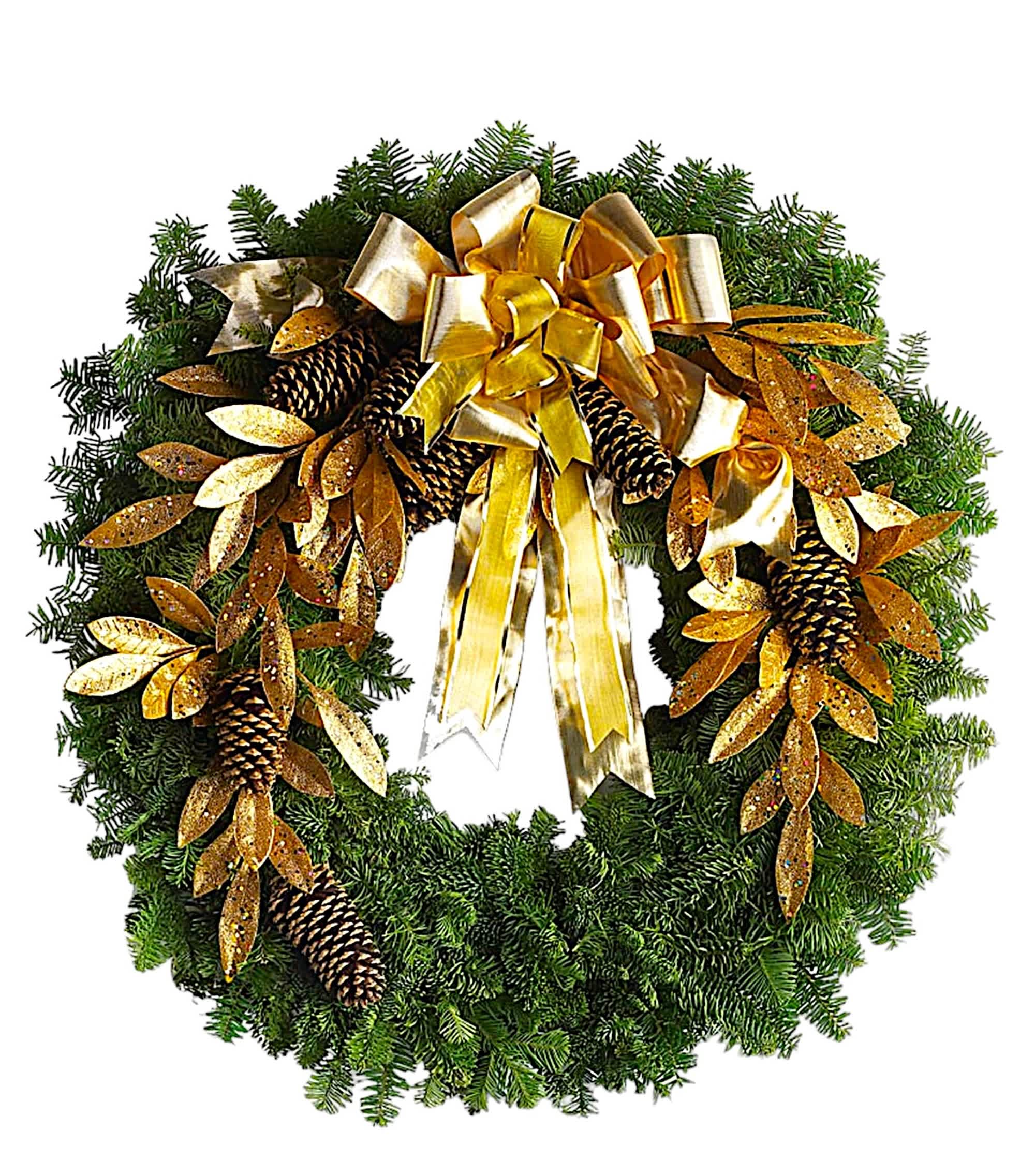 Glitter &amp; Gold Holiday Wreath - The holidays get glamorous! Golden leaves and a luxurious gold organza ribbon add seasonal shimmer to this fresh noble fir Christmas wreath. It's a stunning gift to send a friend or hang on your own front door or hearth.  DETAILS A classic 24-inch noble fir wreath is decorated with gold glitter leaves, pinecones, and gold sheer organza ribbon.  DOOR WREATH HANGER - NOT INCLUDED Orientation: One-Sided Item #NF-219  FLORIST-TO-DOOR Same day flower delivery on most orders placed online by 12 pm or 10 am on weekends PST.  BLOOM DETAILS Mixed Christmas Greenery  The Standard Arrangement is approx. 24&quot; H x 24&quot; W. The Deluxe Arrangement is approx. 24&quot; H x 24&quot; W. The Premium Arrangement is approx. 24&quot; H x 24&quot; W.  How to place an order? 1. You can place an order directly on this secure website OR 2. You can call in your order by dialing: (323) 262 - 9238 OR 3. You can visit our store (appointment recommended 323.262.9238)  NINFA'S FLOWERS 2405 WHITTIER BLVD. LOS ANGELES, CA. 90023  ATTENTION: *Please note that on busy holidays, Valentine's Day, and Mother's Day, we cannot verify if the recipient received the flowers until the following day. You can verify delivery on the website after 10:00 pm, call 323.262.9238 the following day after 10:00 am, or contact the recipient directly. Thank you for your patience and understanding.