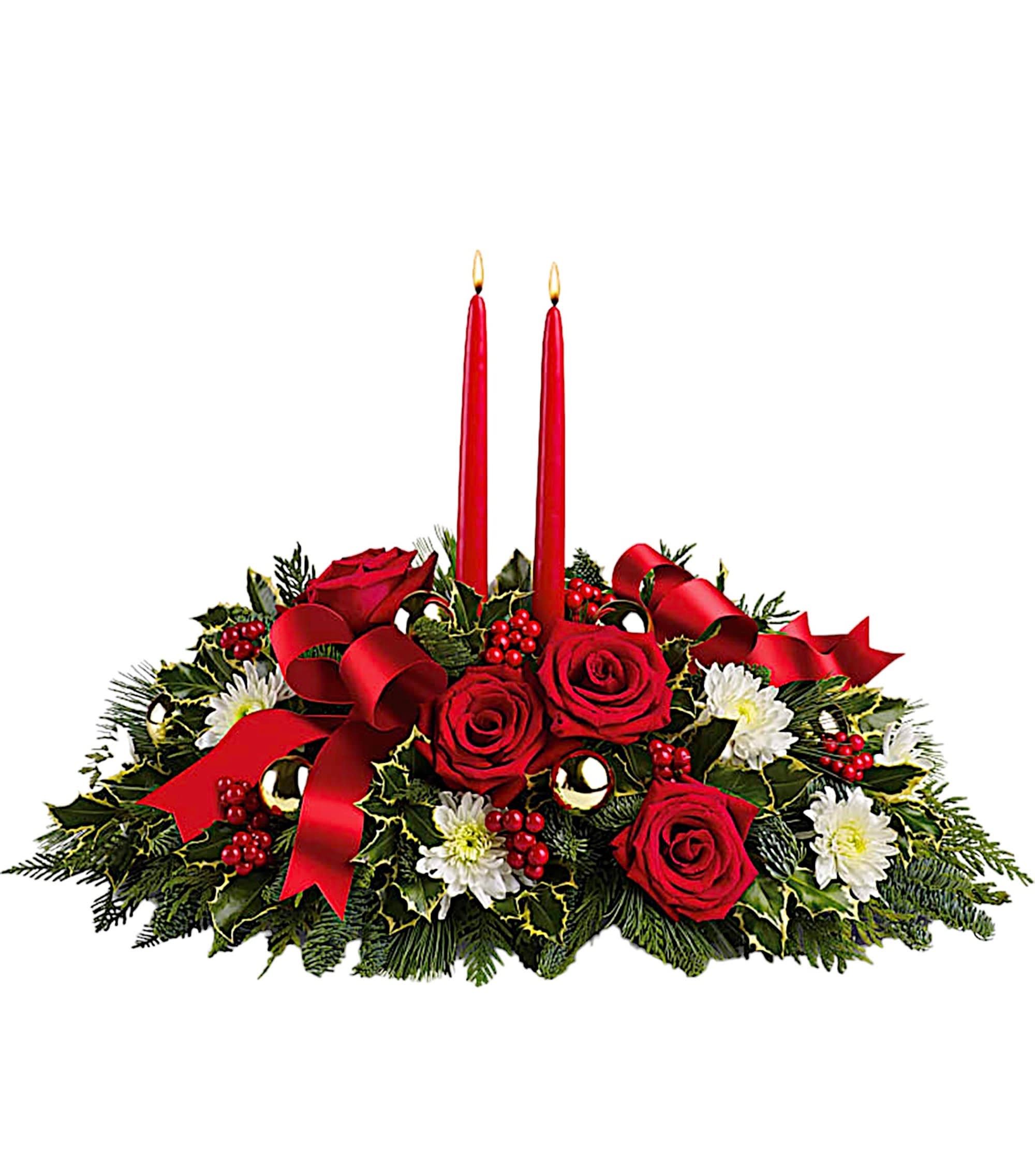 Holiday Shimmer Centerpiece - Make the season bright - and their table a delight - with the glowing tapers, radiant red roses and fresh Christmas greens of this stunning seasonal centerpiece.  DETAILS This stunning centerpiece features red roses, white cushion spray chrysanthemums, variegated holly, Christmas greens, red berries, gold ornament balls, red ribbon, and red taper candles.  CANDLES INCLUDED (NEVER LEAVE BURNING CANDLES UNATTENDED) Orientation: All-Around Item #NF-800  FLORIST-TO-DOOR Same day flower delivery on most orders placed online by 12 pm or 10 am on weekends PST.  BLOOM DETAILS Roses Cushion-Mums Berries Greenery  The Standard Arrangement is approx. 16&quot; H x 24&quot; W. (SHOWN) The Deluxe Arrangement is approx. 16&quot; H x 24 1/2&quot; W. The Premium Arrangement is approx. 16&quot; H x 24 1/2&quot; W.  How to place an order? 1. You can place an order directly on this secure website OR 2. You can call in your order by dialing: (323) 262 - 9238 OR 3. You can visit our store (appointment recommended 323.262.9238)  NINFA'S FLOWERS 2405 WHITTIER BLVD. LOS ANGELES, CA. 90023  ATTENTION: *Please note that on busy holidays, Valentine's Day, and Mother's Day, we cannot verify if the recipient received the flowers until the following day. You can verify delivery on the website after 10:00 pm, call 323.262.9238 the following day after 10:00 am, or contact the recipient directly. Thank you for your patience and understanding.