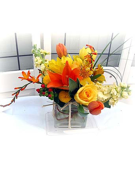 Sunny Morning Bouquet - For persons who love variety of flowers, this one has all the ingredients i.e. roses, lilies, tulips , stocks and other seasonal flowers and foliages. (Some flowers &amp; the container may be varied.  Our designers will replace with something to keep the best presentation)