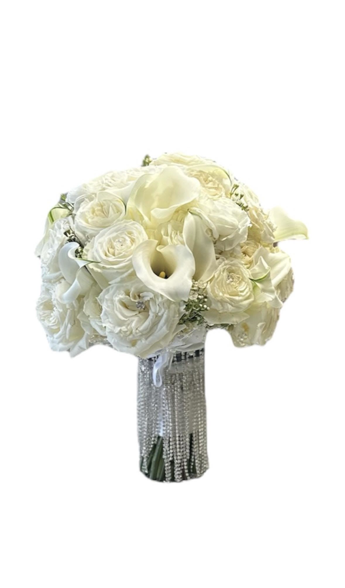 Sparking Bride Sparking Bride - This beauty is filled with nothing less than a premium stem with roses calla lilies ranunculus wax flower. pearls and sparkling rhinestones draping down the stems wrapped in a double sided satin the perfect bouquet