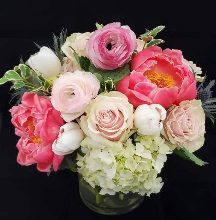 Amazing Grace - How sweet the sight!  Of this beautiful, soul renewing bouquet.  Perfect as a birthday gift or for heartfelt sympathies.  Styled low and lush - this bouquet is full of hydrangea, roses, peonies, ranunuculus, tulips and more.  