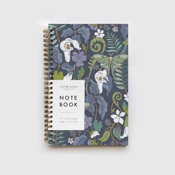 Wood Bramble Spiral Bound Notebook - Root &amp; Branch gold coil spiral bound notebooks, crafted by hand. Created plastic-free with minimal packaging to eliminate waste and honor our beautiful earth.  100% PCW recycled covers, 30% PCW interior pages 120 pages (60 sheets) of thick, quality 70lb paper Gold spiral binding allows the notebook to lay flat when opened Vibrant, full color cover, recycled chipboard backing  Dimensions: 8.5 x 5.5 x 0.4 in (21.6 x 14 x 1 cm)