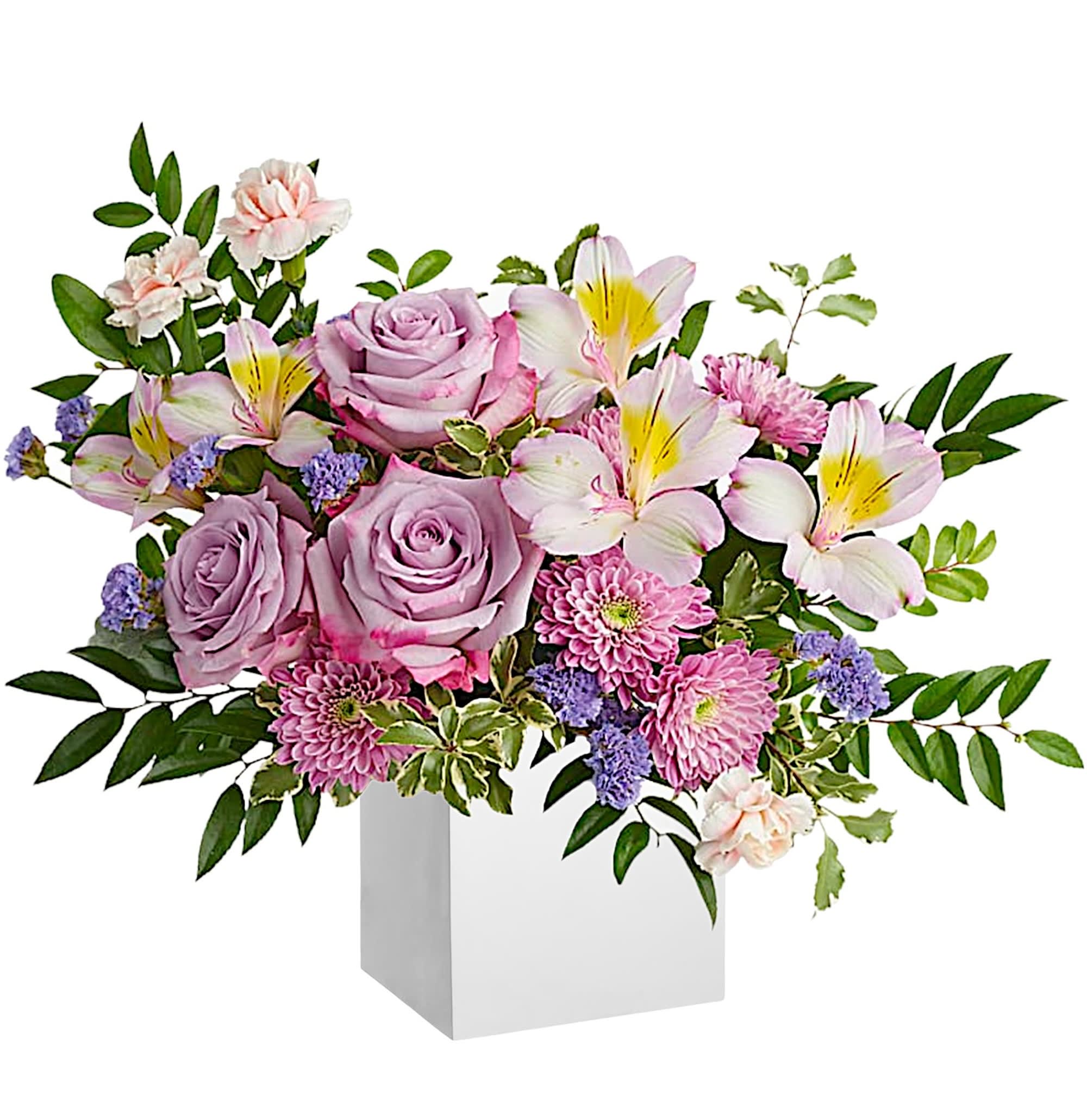 Shimmering Spring  - Make spring shimmer with this luxurious lavender arrangement, hand-delivered in a wooden cube.  DETAILS Lavender roses, lavender alstroemeria, miniature pink carnations, purple cushion spray chrysanthemums and lavender statice are arranged with huckleberry and pitta negra.  WOODEN BOX INCLUDED Orientation: All-Around Item #NF-445  FLORIST-TO-DOOR Same day flower delivery on most orders placed online by 12 pm or 10 am on weekends PST.  BLOOM DETAILS Roses Alstroemeria Mini Carnations Cushion Mums Statice Greenery  The Standard Arrangement is approx. 13&quot; H x 16&quot; W. The Deluxe Arrangement is approx. 13&quot; H x 17 3/4&quot; W. The Premium Arrangement is approx. 14 1/2&quot; H x 18 1/2&quot; W.  How to place an order? 1. You can place an order directly on this secure website OR 2. You can call in your order by dialing: (323) 262 - 9238 OR 3. You can visit our store (appointment recommended 323.262.9238)  NINFA'S FLOWERS 2405 WHITTIER BLVD. LOS ANGELES, CA. 90023  ATTENTION: *Please note that on busy holidays, Valentine's Day, and Mother's Day, we cannot verify if the recipient received the flowers until the following day. You can verify delivery on the website after 10:00 pm, call 323.262.9238 the following day after 10:00 am, or contact the recipient directly. Thank you for your patience and understanding. 