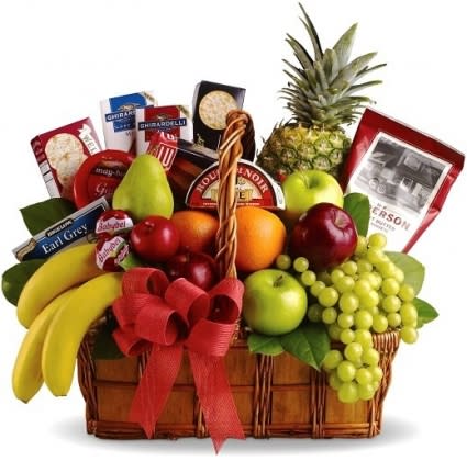 BON VIVANT GOURMET &amp; FRUIT - Life really can be a picnic for whoever is lucky enough to receive this tasteful basket. Overflowing with delicious gourmet delicacies and fresh fruit, it's the perfect choice for anyone you'd love to indulge.Fresh fruit such as red and green apples, bananas, pears, oranges, and pineapple, and grapes fill a charming wicker basket along with tasty treats such as cheeses and crackers, gourmet chocolates, cookies, and more. Simply delicious! Exact basket and fruit selection may vary by season 