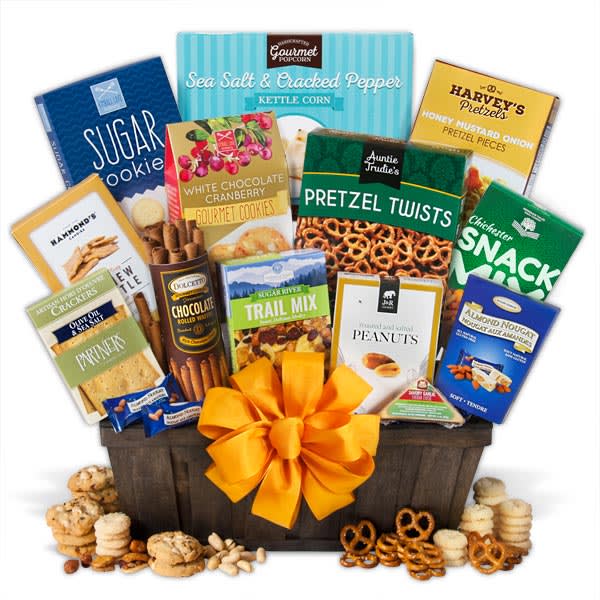 Gourmet Basket Gourmet Basket - An assortment of delicious gourmet snacks, this gift basket is sure to delight! Elegantly presented in a reusable basket, this item makes the perfect gift to celebrate that special occasion or to extend your congratulations or thank you wishes. The basket offers assorted savory and sweet snacks such as chocolates, cheeses, crackers, teas, and an assortment sweets. Each basket is personally put together and is available for delivery today. Note: Variety of gourmet items may vary. Deluxe basket is shown in picture.