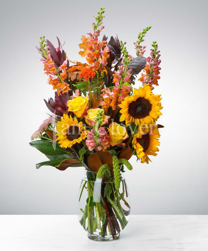 Hello Fall - Say hello to the new season with this tower of fall flowers! Featuring a wide array of seasonal blooms, this arrangement has something for everyone, and is sure to bedazzle whoever welcomes it into their life. Say “hello” to someone in your life with this fall flower tower.  Fulfill your floral needs at I Am Clover in Ramona, CA, and experience the difference in quality, freshness, and care that comes with ordering locally. By choosing a local florist, you’re ensuring that each bloom is handpicked at the peak of its beauty, arriving at your doorstep or event in perfect condition. I Am Clover works with the finest, seasonal blooms, meaning your arrangement is as fresh as possible—often sourced directly from nearby growers.  