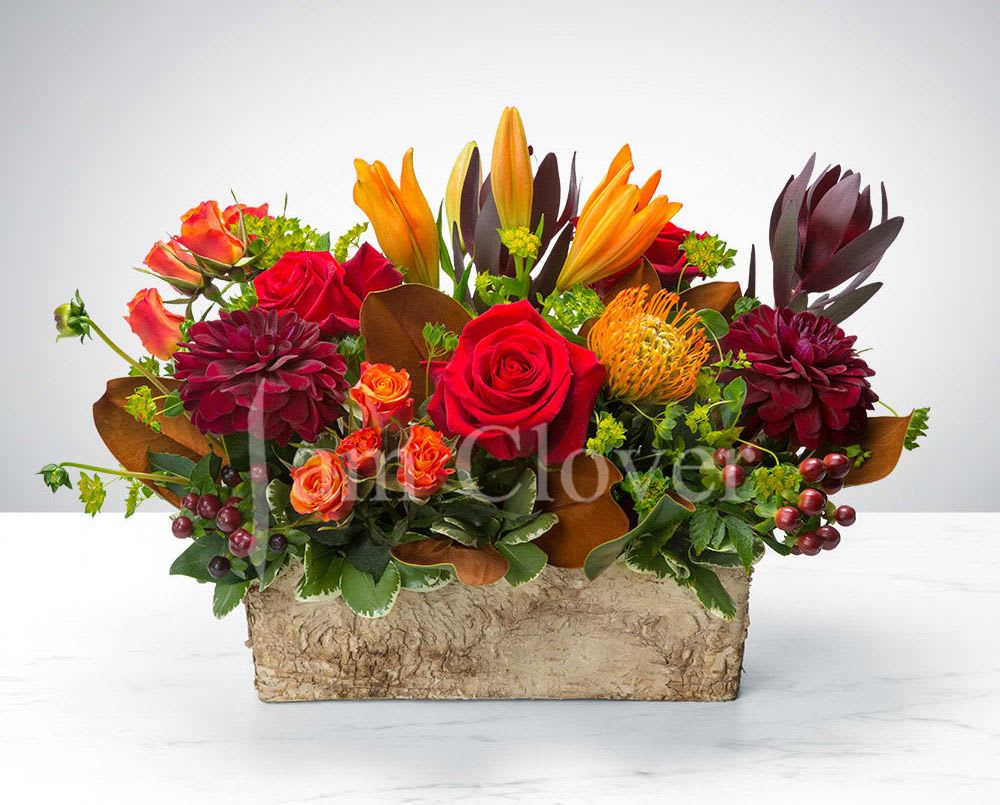 Box of Autumn - A box exploding with Autumn colors, brings warmth and joy!  In some instances, our photo may represent an overall theme or look and include a one-of-a-kind vase which cannot be exactly replicated.  Although the actual bouquet may not precisely match the photo, its temperament will. Occasionally, substitutions of flowers and/or containers happen due to weather, seasonality and market conditions which may affect availability. If this is the case with the gift you’ve selected, we will ensure that the style, theme and color scheme of your arrangement is preserved and will only substitute items of equal value or higher value.  Fulfill your floral needs at I Am Clover in Ramona, CA, and experience the difference in quality, freshness, and care that comes with ordering locally. By choosing a local florist, you’re ensuring that each bloom is handpicked at the peak of its beauty, arriving at your doorstep or event in perfect condition. I Am Clover works with the finest, seasonal blooms, meaning your arrangement is as fresh as possible—often sourced directly from nearby growers. 