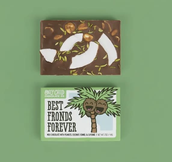 Best Fronds Forever - Peanut Cayenne Coconut Milk Chocolate Bar Best Fronds Forever - Peanut Cayenne Coconut Milk Chocolate Bar - A milk chocolate bar featuring salted peanuts, aromatic fennel, coconut slices, and a touch of cayenne. It’s a tropical breeze and the warming of sunshine in a bar. It’s also a bit like a great friendship - it’s salty, sweet, crunchy, and spicy and it’s somehow just right - you can’t imagine it being any other way once you’ve gotten a taste