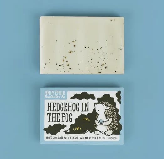 Hedgehog in the Fog - Bergamot Black Pepper White Chocolate Hedgehog in the Fog - Bergamot Black Pepper White Chocolate - The name of this bar was inspired by a cartoon Yana, the creator of only child chocolate co., watched as a child in Russia. Hedgehog in the fog is about a timid hedgehog looking for his friend the bear in a mist-. Enveloped forest, so they could meet for tea (watch it here!). Foggy white chocolate is blended with bergamot, the signature flavor in earl grey tea, and topped off with freshly ground, prickly black pepper. Sweet, yet spiky.