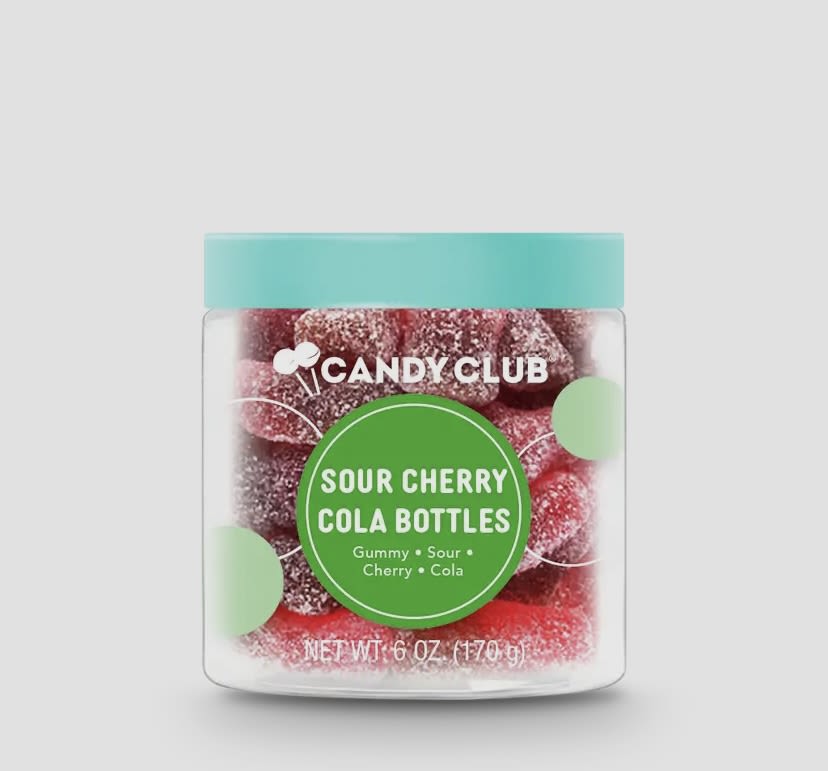 Sour Cherry Cola Bottle Gummies Sour Cherry Cola Bottle Gummies - You've probably had sour gummy cola bottles before. But these sour cherry-flavored cola bottles elevate the concept. Soda pop-shaped gummy bottles covered in ""fizzy"" sour sugar and bursting with classic cherry cola flavor! Non-GMO.