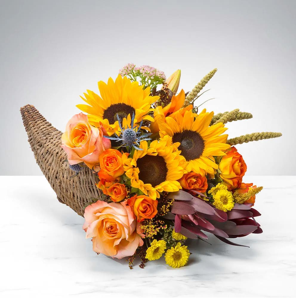 Cornucopia Utopia by BloomNation™ Cornucopia Utopia by BloomNation™ - A horn of corn has been born! We all love popcorn. Corn mazes delight and amuse us. We eat corn syrup. Corn is a part of all of our lives. This Thanksgiving, say “thanks” to corn with this beautiful seasonal centerpiece. Cornbread, ears of corn, and a Cornucopia Utopia! That is what Thanksgiving is all about. And turkey, that’s important too.