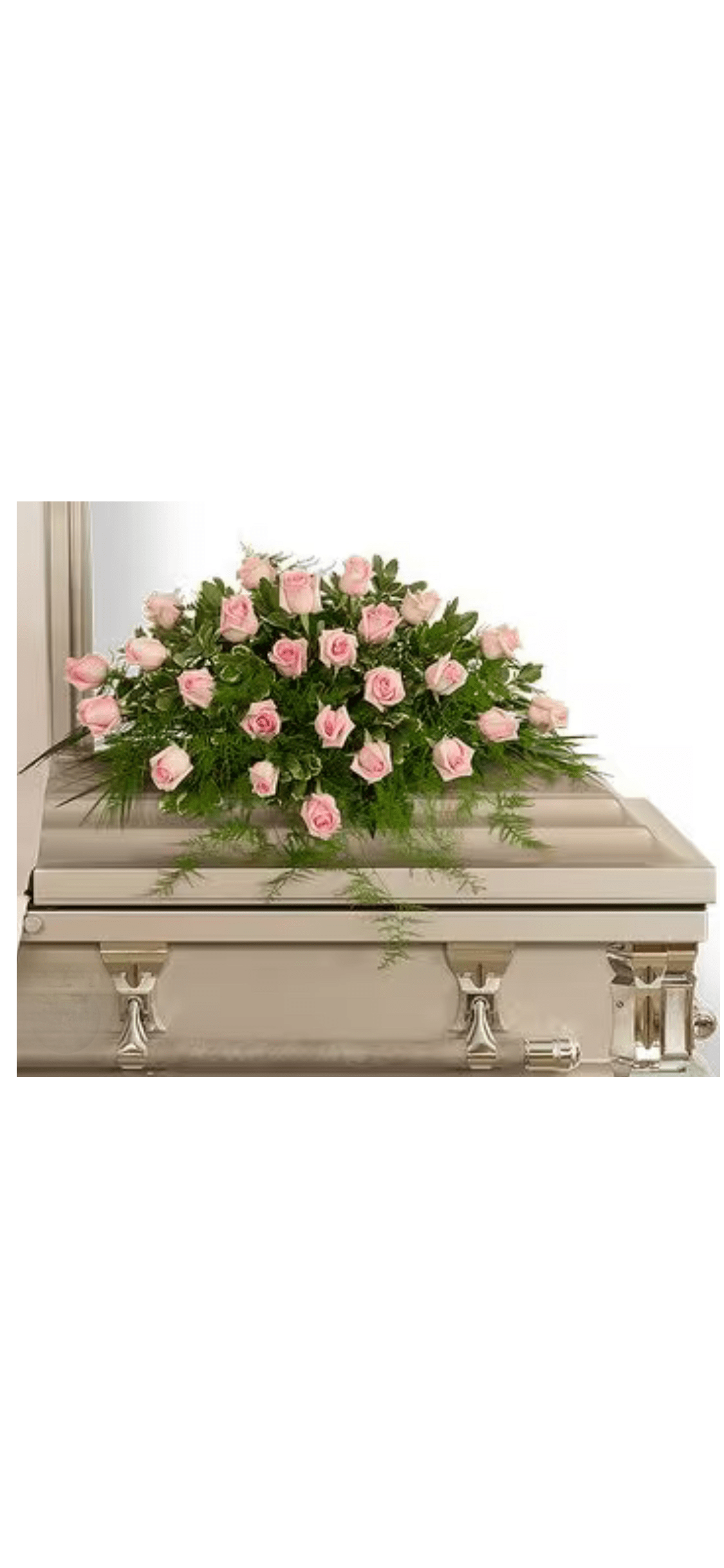 Tranquility of Pink  - Adorn your loved ones tribute with a display of  pretty pink roses and season flowers . This is comes with your choice of a heart or round wreath , a half or full casket spray and a coordinating basket that you can take hike after the service .
