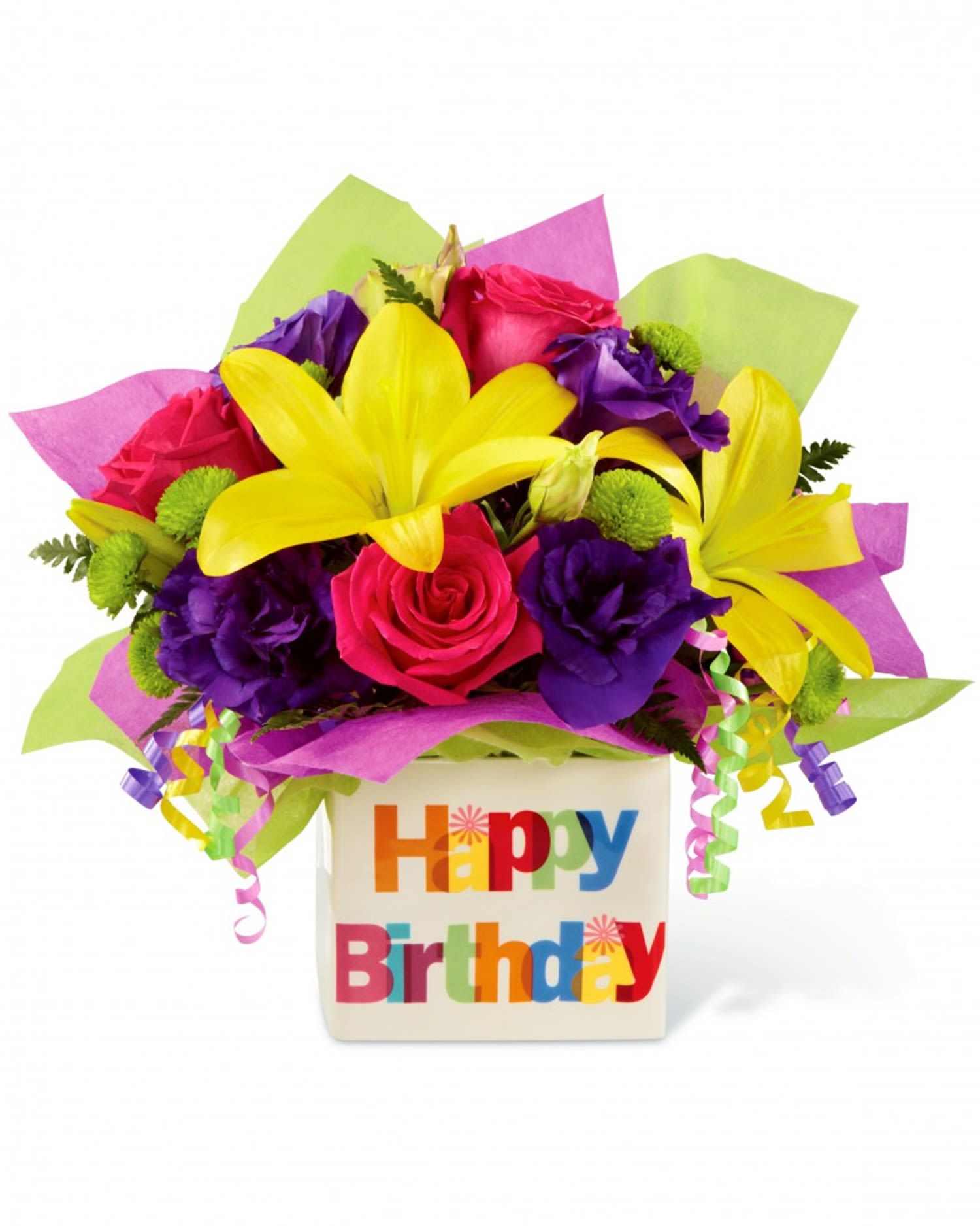 The Happy Birthday Arrangement - The Happy Birthday Arrangement pops with brilliant color and beauty to get their birthday celebration started! This flower arrangement will be just the gift they need to let them know how special they are on their big day.  DETAILS Bright pink roses, purple lisianthus, yellow Asiatic lilies, green button poms and lush greens are arranged amongst designer floral wrap sheets and curling ribbon to create an incredible flower arrangement.   VASE INCLUDED Orientation: One-Sided Item #NF-455  FLORIST-TO-DOOR Same day flower delivery on most orders placed online by 12 pm or 10 am on weekends PST.  BLOOM DETAILS Roses  Asiatic Lilies Lisianthus Button-Mums Greenery  The Standard Arrangement is approx. 11&quot; H x 12&quot; W  The Deluxe Arrangement is approx. 12&quot; H x 13&quot; W The Premium Arrangement is approx. 13&quot; H x 14&quot; W  How to place an order? 1. You can place an order directly on this secure website. OR 2. You can call in your order by dialing: (323) 262 - 9238 OR 3. You can visit our store (appointment recommended 323.262.9238)  NINFA'S FLOWERS 2405 WHITTIER BLVD. LOS ANGELES, CA. 90023  ATTENTION: *Please note that on busy holidays, Valentine's Day, and Mother's Day, we cannot verify if the recipient received the flowers until the following day. You can verify delivery on the website after 10:00 pm, call 323.262.9238 the following day after 10:00 am, or contact the recipient directly. Thank you for your patience and understanding.