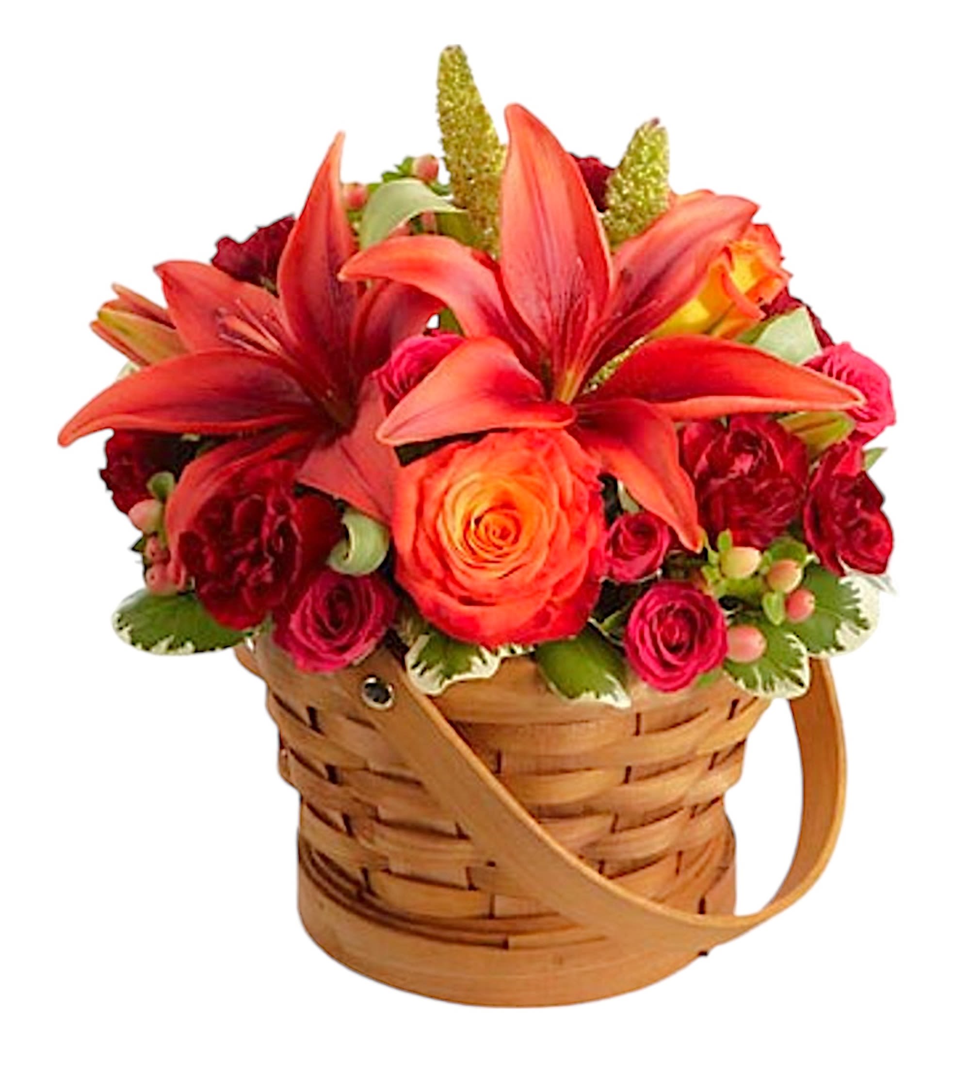 Abundant Harvest Basket - This fall basket is bejeweled in Autumn's most majestic hues creating an arrangement of blooming beauty.  DETAILS Dark orange Asiatic lilies, bi-colored orange roses, burgundy miniature carnations, fuchsia spray roses, peach hypericum berries and millet grass are bountifully displayed in a natural basket.  BASKET INCLUDED Orientation: All-Around Item #NF-807  FLORIST-TO-DOOR Same day flower delivery on most orders placed online by 12 pm or 10 am on weekends PST  BLOOM DETAILS Roses Spray Roses Asiatic Lilies Mini-Carnations Hypericum Filler Greenery  The Standard Arrangement is approx. 10&quot; H x 10&quot; W The Deluxe Arrangement is approx. 10&quot; H x 11&quot; W The Premium Arrangement is approx. 14&quot; H x 14&quot; W  How to place an order?  1. You can place an order directly on this secure website. OR 2. You can call in your order by dialing: (323) 262 - 9238. OR 3. You can visit our store (appointment recommended 323.262.9238)  NINFA'S FLOWERS 2405 WHITTIER BLVD. LOS ANGELES, CA. 90023  ATTENTION: *Please note that on busy holidays, Valentine's Day, and Mother's Day, we cannot verify if the recipient received the flowers until the following day. You can verify delivery on the website after 10:00 pm, call 323.262.9238 the following day after 10:00 am, or contact the recipient directly. Thank you for your patience and understanding.
