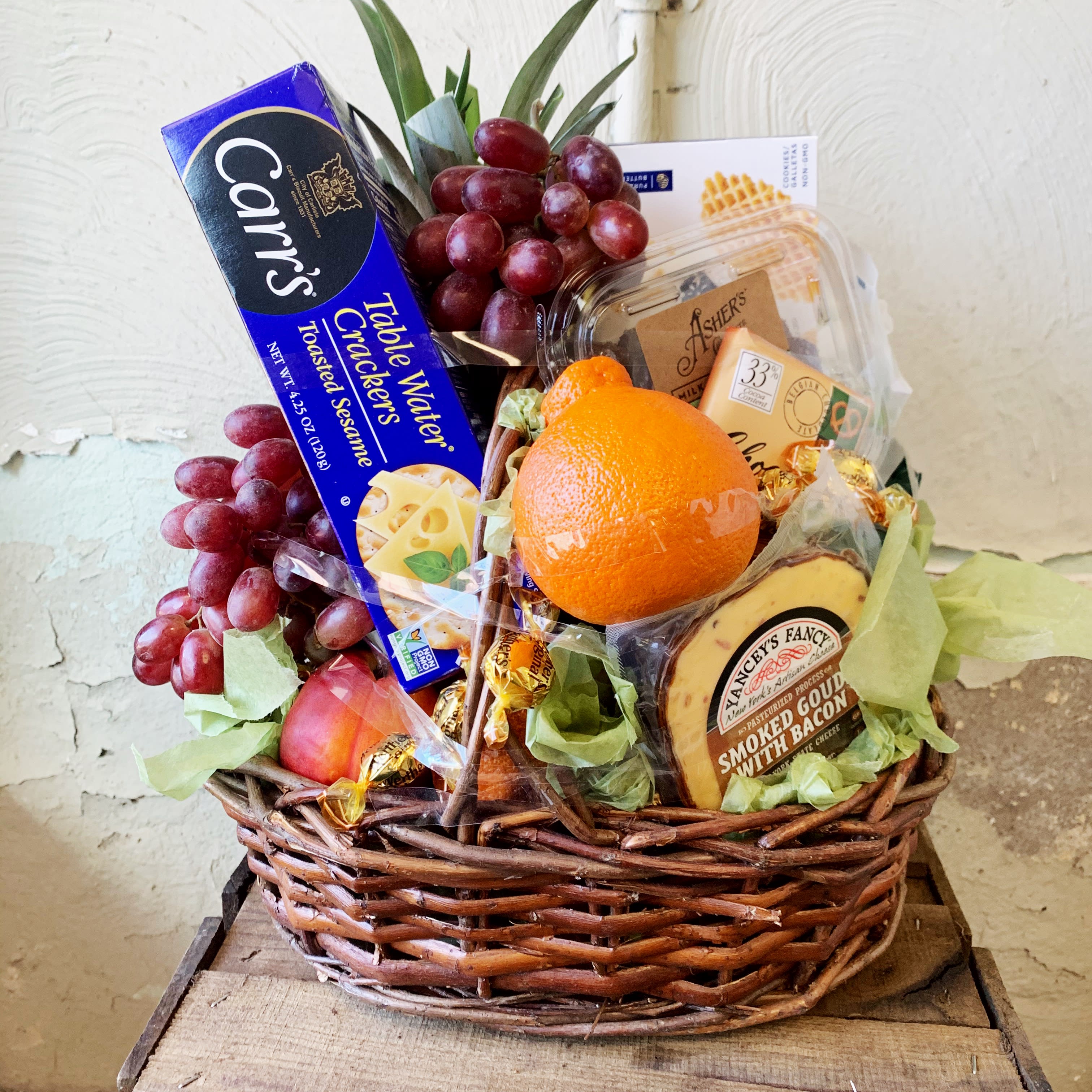 Gourmet Fruit Gift Basket - Premium Fruits, Cheeses and Crackers.  (Please remember that each selection is custom made and substitutions may be necessary. Your order will be produced as closely as possible to the listed photo.)