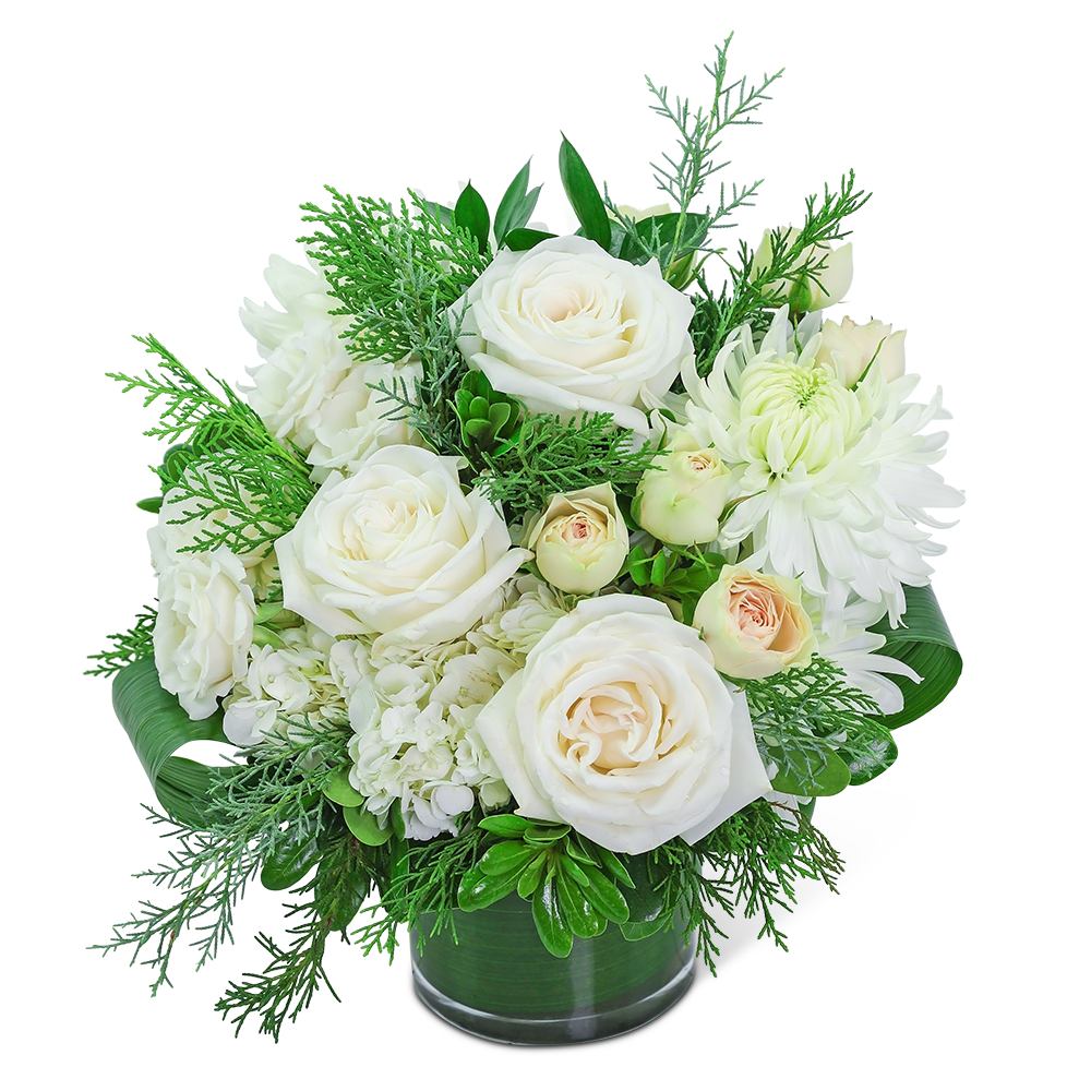Swan Lake - Our stunning cream and blush flowers are long-lasting and the perfect gift for any occasion. Traditional roses, contemporary mums, and playful hydrangea mix to create a stunning bouquet! Swan Lake is bursting with blossoms and arranged in an eye-catching glass vase, accented with premium winter foliage. A shop favorite, this timeless beauty is perfect for any occasion!