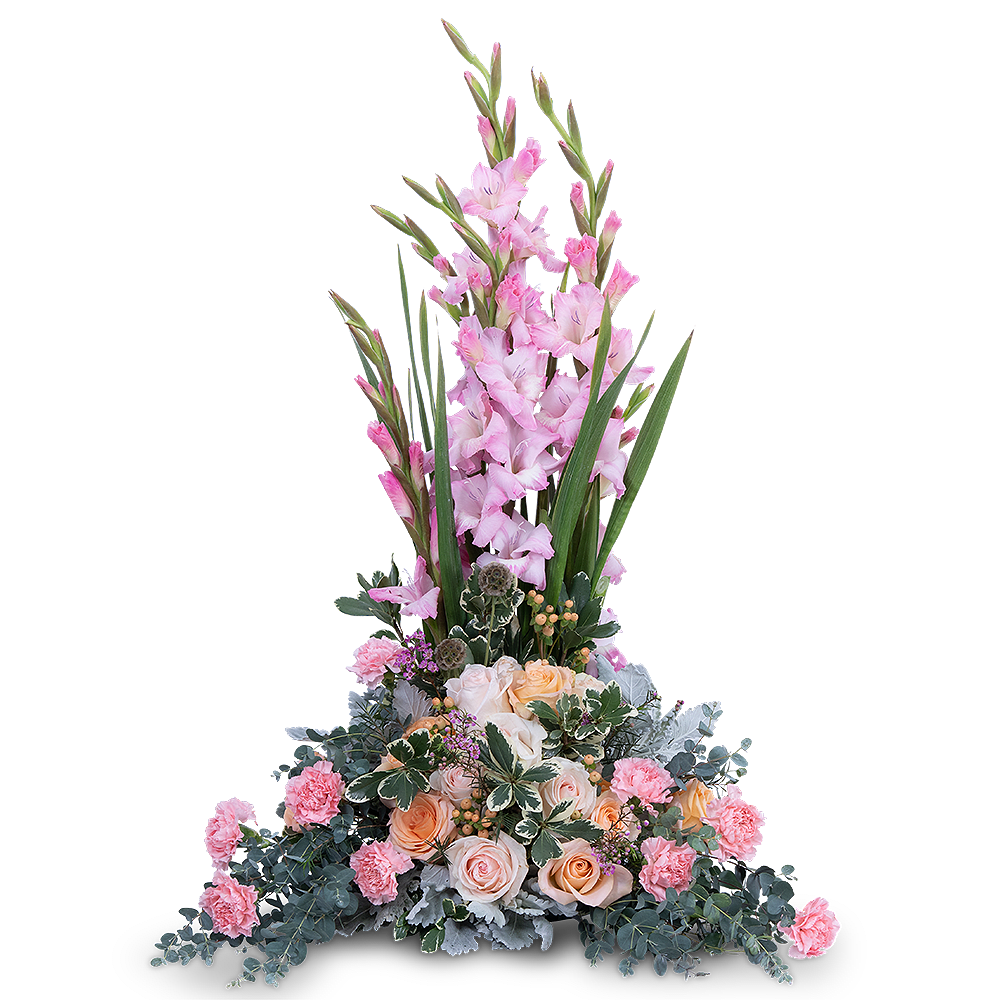 Radiant Hope - Radiant Hope is the perfect tribute or centerpiece for any life celebration. It features roses, Gladiolus, Carnations, Hypericum Berry, Limonium, Scabiosa Pods, Waxflower, and other premium foliage.
