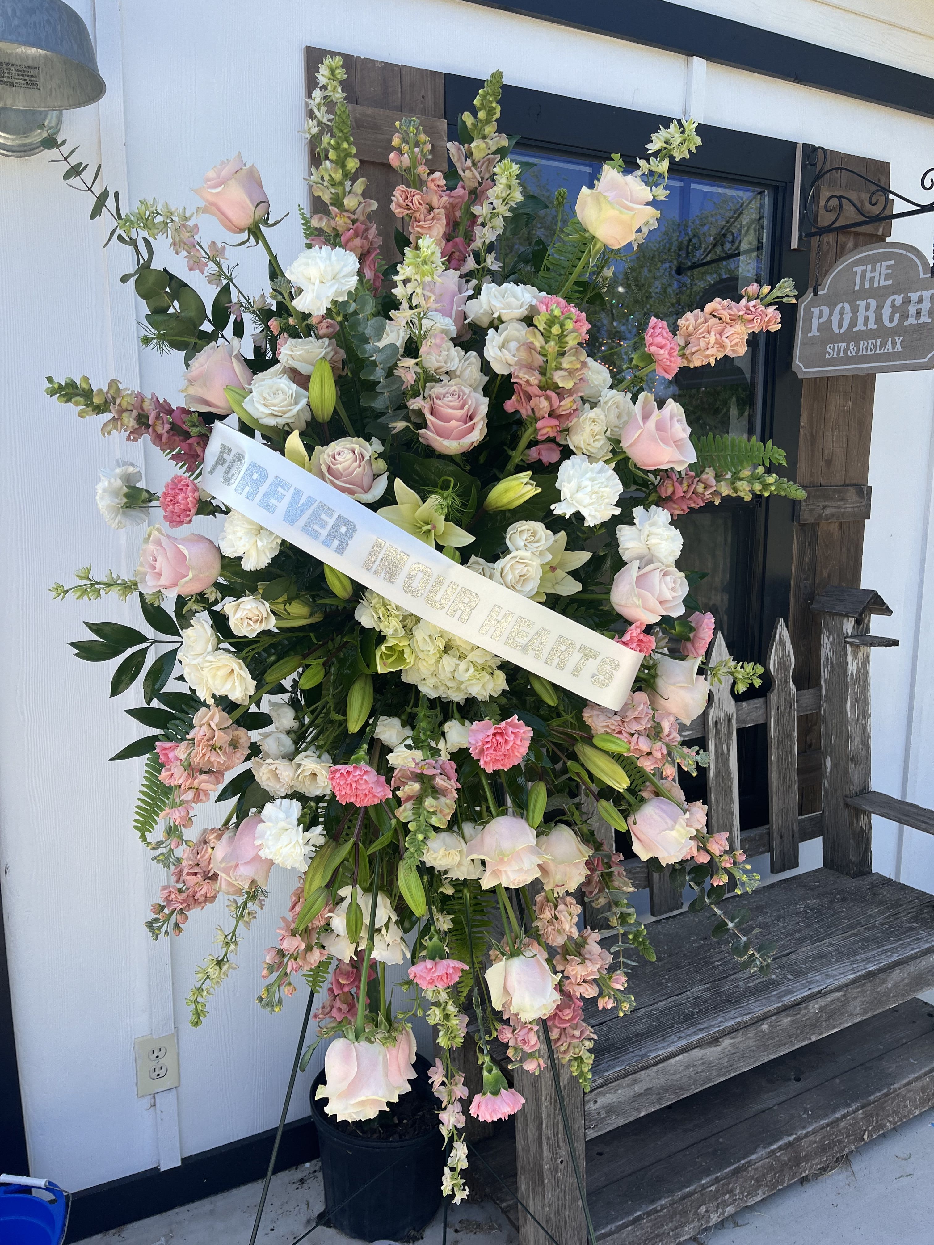 Pretty in Pink Sympathy Easel - Pink and white flowers arranged on standing Easel 64 in