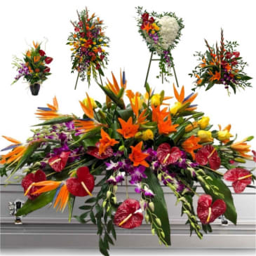 5pc Tropical Family Flowers 5pc Tropical Family Flowers - 5pc Tropical Family Flowers consisting of a casket spray, 2- standing easel arrangements, a planter arrangement, and floral arrangement in a vase. A beautiful tribute to your loved one using bright flowers for a bold look.