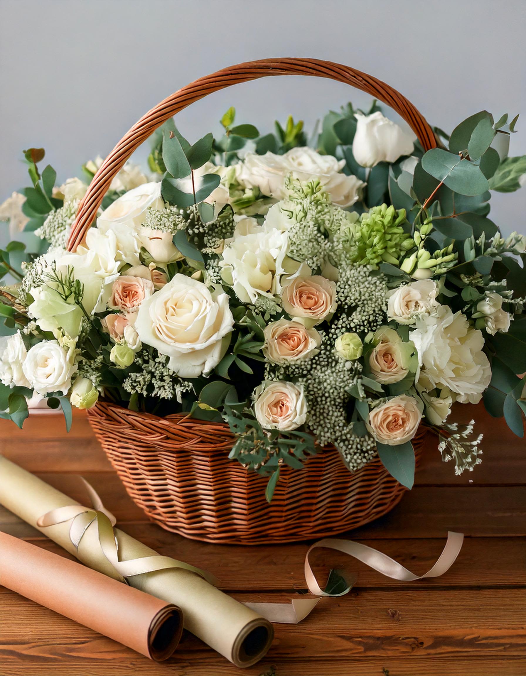 Love and Affection - Exquisite floral arrangement in basket, where white roses intertwine with caramel blooms in a harmonious dance of color and fragrance. Such an elegant arrangement for any occasions.   