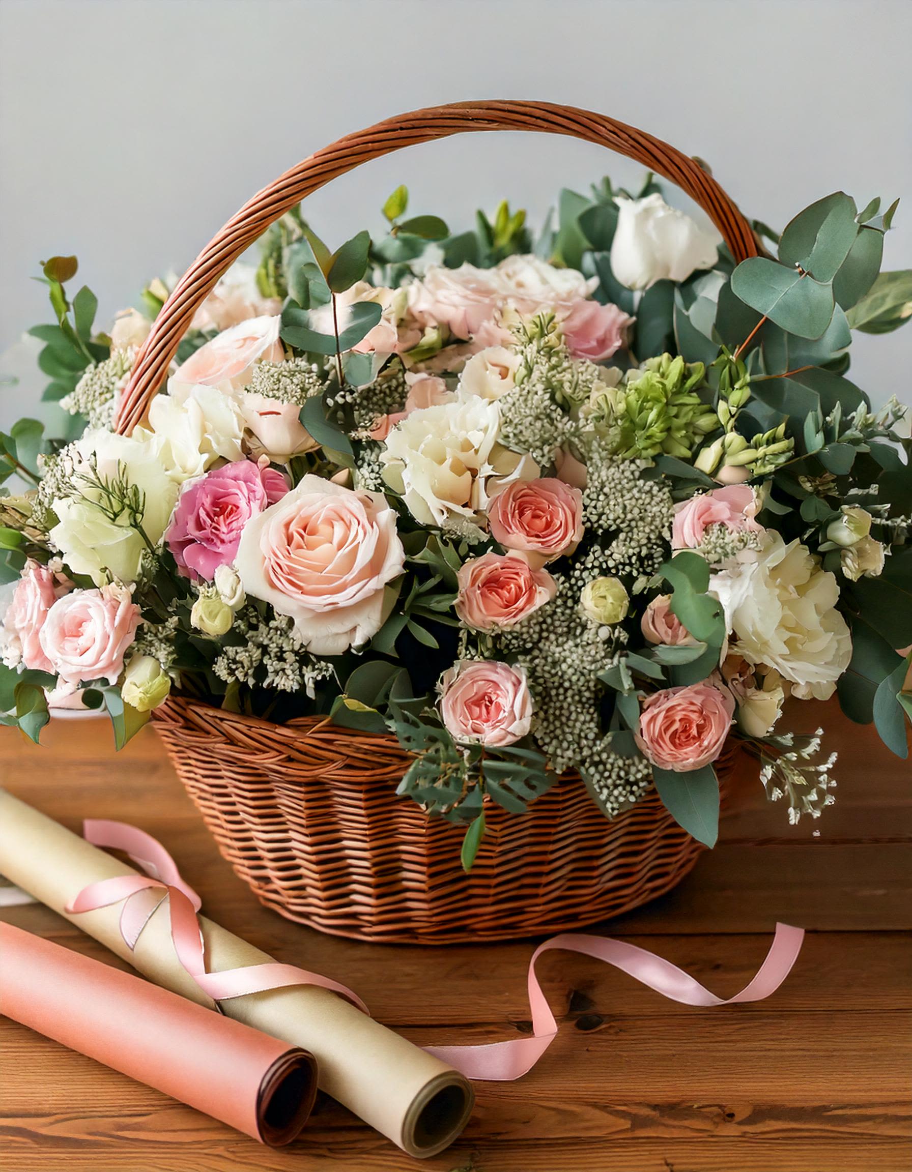 Peach and Pink Shades  - Exquisite floral arrangement, where pink roses intertwine with pink and peach blooms in a harmonious dance of color and fragrance. Such an elegant arrangement for any occasions. 
