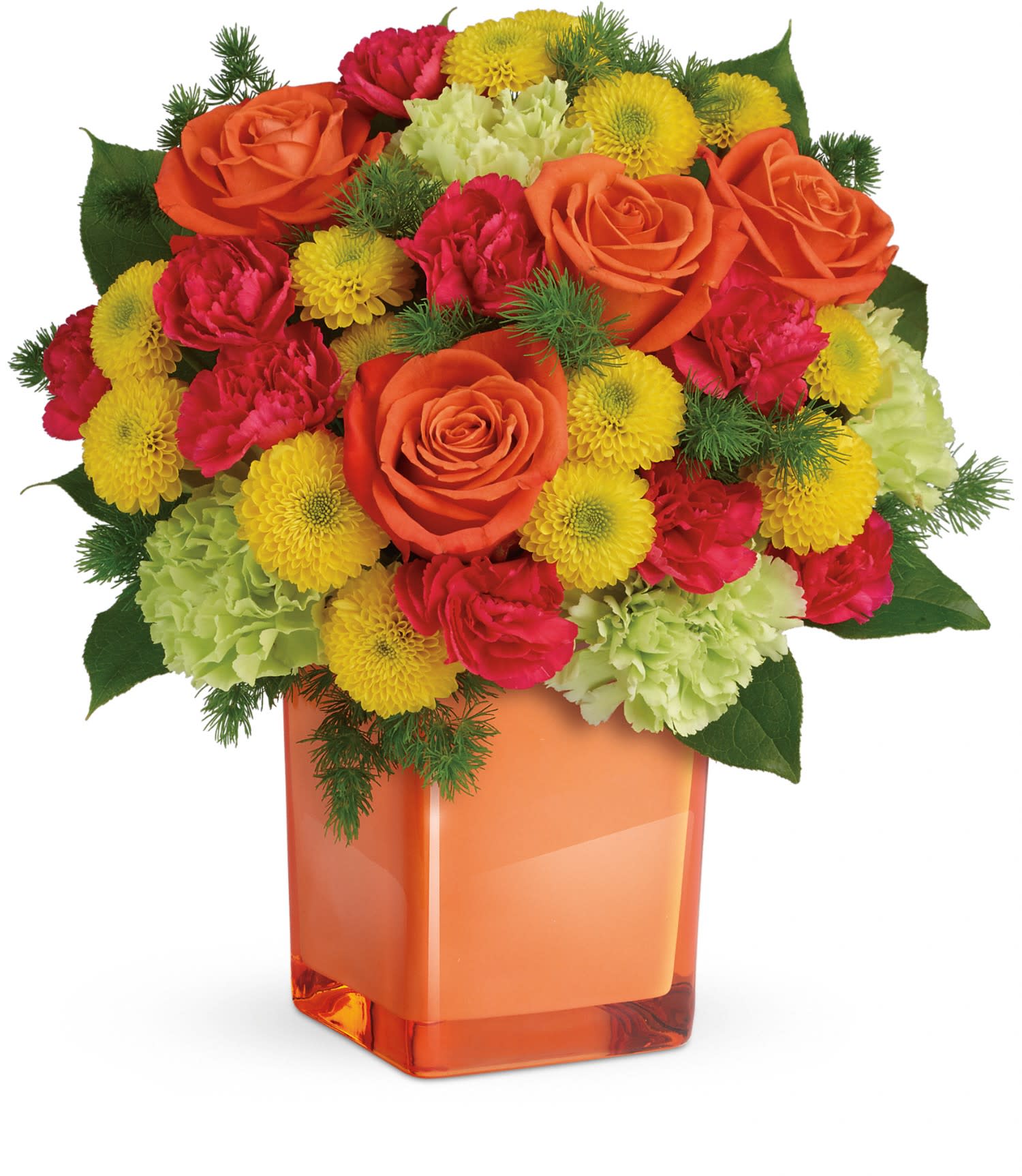 Teleflora's Citrus Smiles Bouquet Teleflora's Citrus Smiles Bouquet - Bold orange roses, green carnations, dark pink miniature carnations, and yellow button spray chrysanthemums are mixed with ming fern and lemon leaf. Delivered in a glass cube. Approximately 11 1/2 W x 11 3/4 H