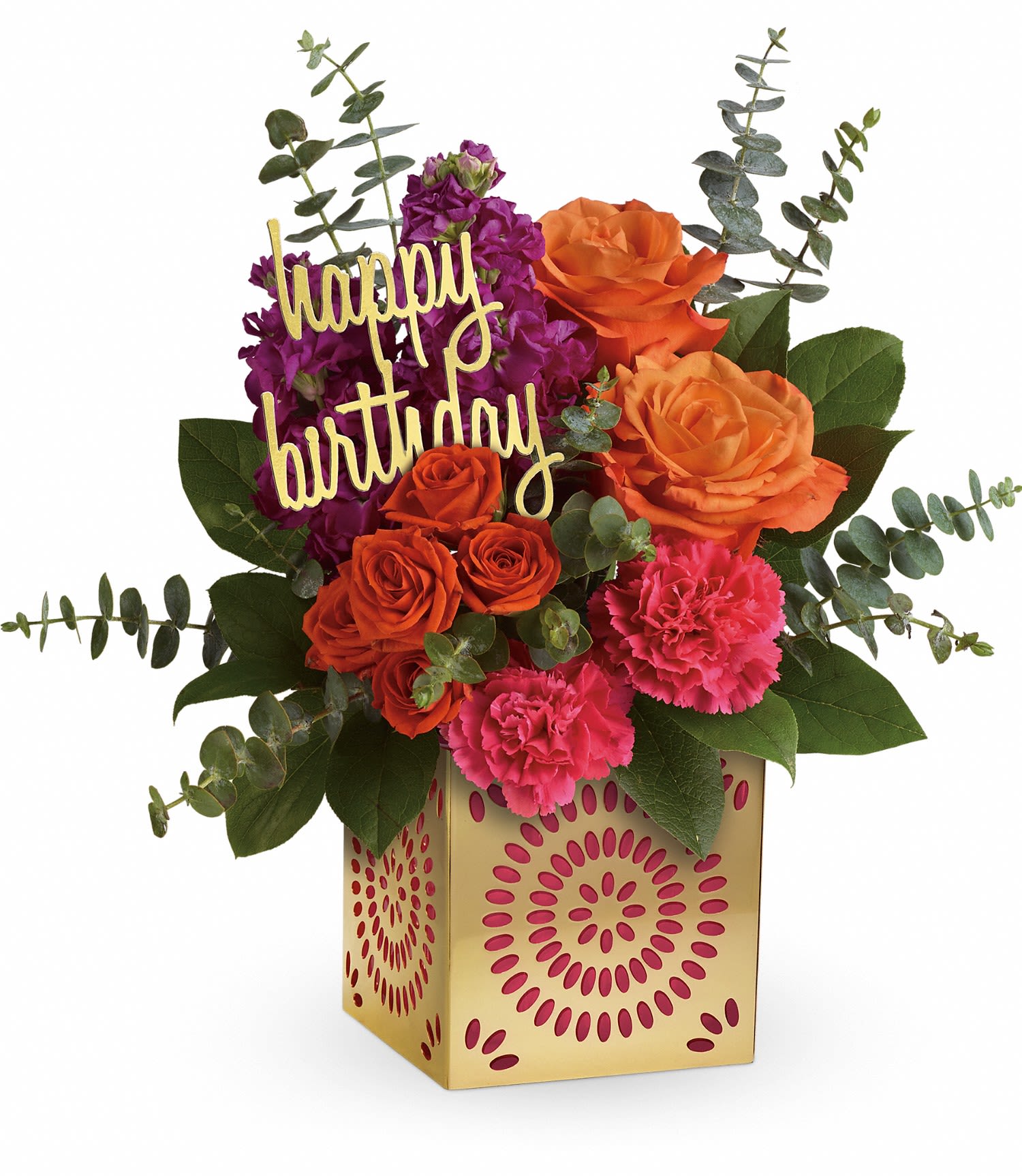 Teleflora's Birthday Sparkle Bouquet - Add some extra special sparkle to their birthday with this grand gift! Hand-delivered in a shimmering golden cube with intricate cutouts, this colorful bouquet will make their birthday week wonderful. Later, they can remove the pretty magenta liner and golden &quot;happy birthday&quot; pick and enjoy the cube as a pretty candleholder!  This colorful mix features orange roses, stock, carnations, and greenery. Delivered in a Celebrate in Style cube. Approximately 14&quot; W x 14&quot; H