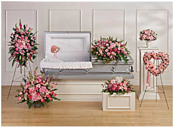 Beautiful Memories Set - Set of 6 funeral arrangements: Casket, open heart standing spray, Full size standing spray, 1 LG floor basket, 1 SM floor basket, and 1 vase arrangement.   Colors may be changed as well as replacing one for another or removing something that you do not want. 