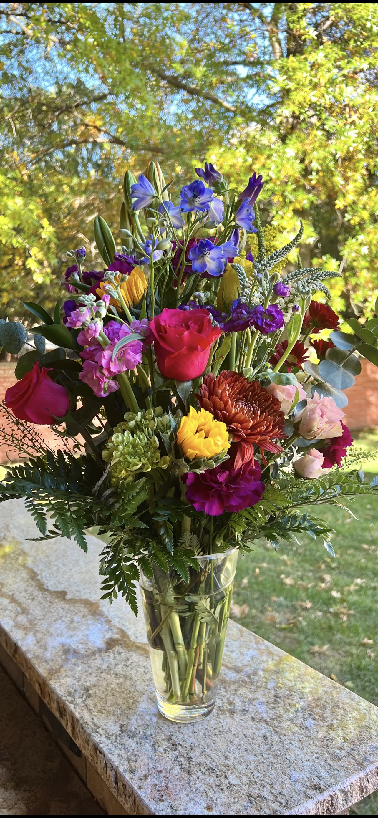 Stunning Garden - Beautiful cut glass vase, and beautiful roses, stock, bells of Ireland, lilies, salidago and more 