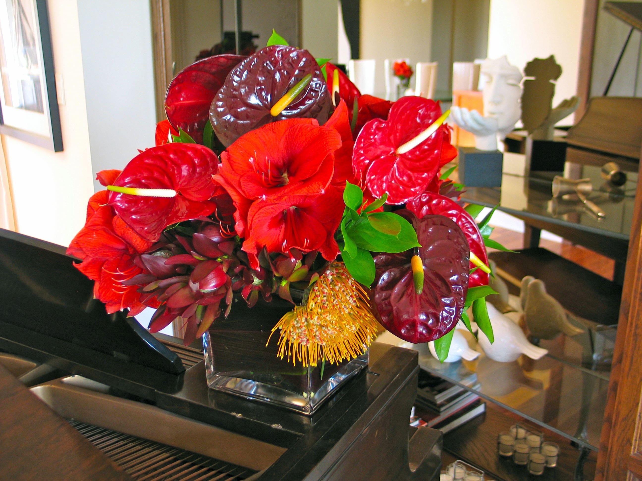 99 Contemporary Anthurium Square - Stunning Anthurium Arrangement in Apple Green, White, or Shades of Red from T'sul Custom Floral Design in Newport Beach, CA  Enhance your floral decor with our exquisite array of Anthuriums, available in vibrant apple green, classic white, or stunning shades of red. Exclusively offered by T'sul Custom Floral Design in Newport Beach, CA, this beautiful arrangement brings a touch of elegance and sophistication to any space.  Anthuriums are known for their striking heart-shaped blooms and long-lasting freshness, making them an ideal choice for home decor, special occasions, or as a thoughtful gift. This versatile arrangement adds a unique flair and a pop of color to any setting, whether as a centerpiece for a gathering or a decorative accent in your home or office.  Key Features:  Beautifully arranged Anthuriums available in apple green, white, or vibrant shades of red Perfect for home decor, weddings, corporate events, or as a delightful gift Crafted with fresh, high-quality flowers for exceptional longevity and beauty Ideal for creating a bold focal point in any room Transform your Newport Beach space with T'sul Custom Floral Design’s stunning Anthurium arrangement. Order today to infuse your environment with the refreshing beauty of these elegant flowers! 