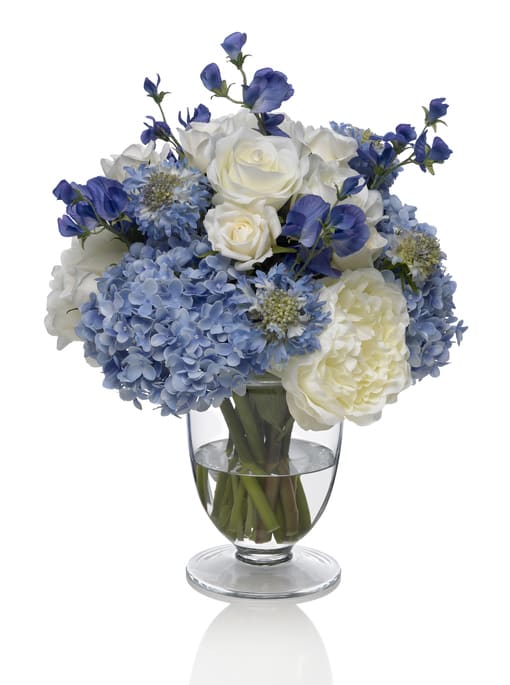 BLUE AND WHITE LOVELY DAY BOUQUET- ON SALE WAS $89 - ONE OF OUR MOST POPULAR BOUQUETS, FEATURING, ROSES HYDRANGEAS