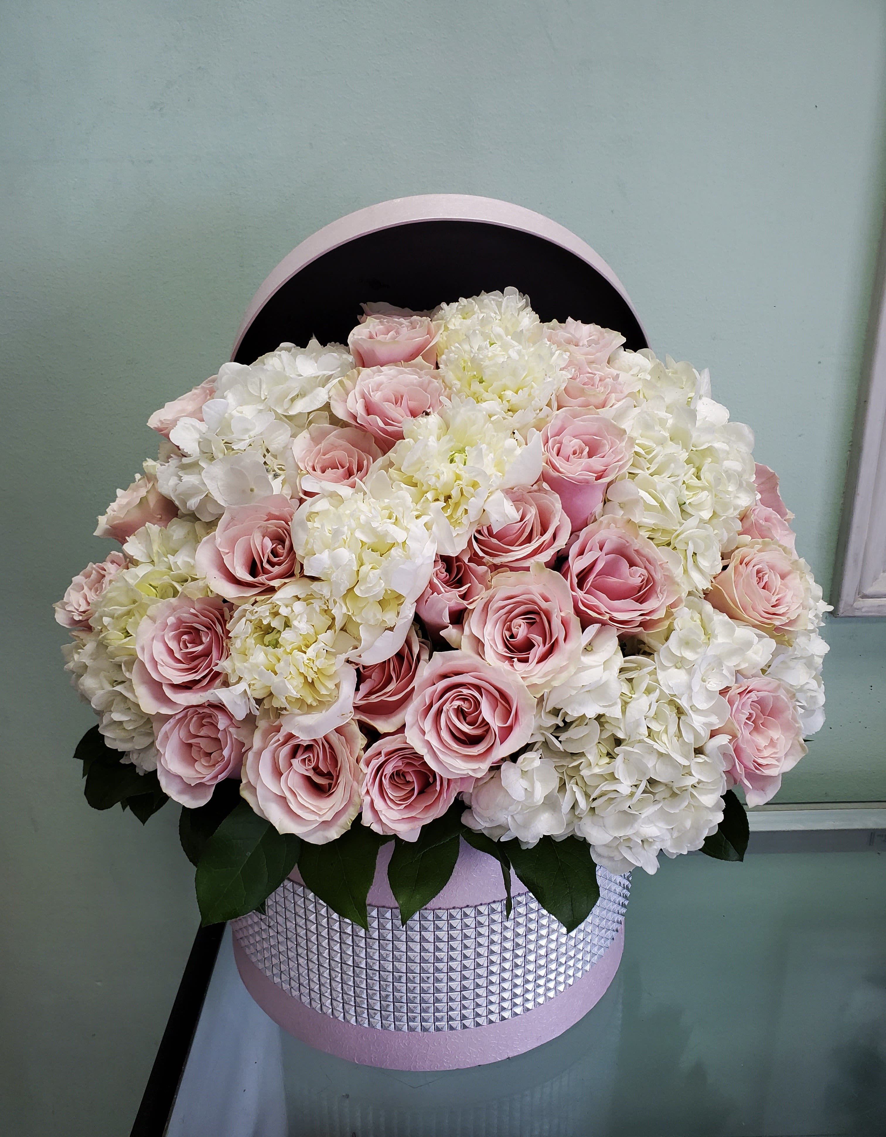 Treasure Treasure - Box arrangement with roses, hydrangeas, and peonies.